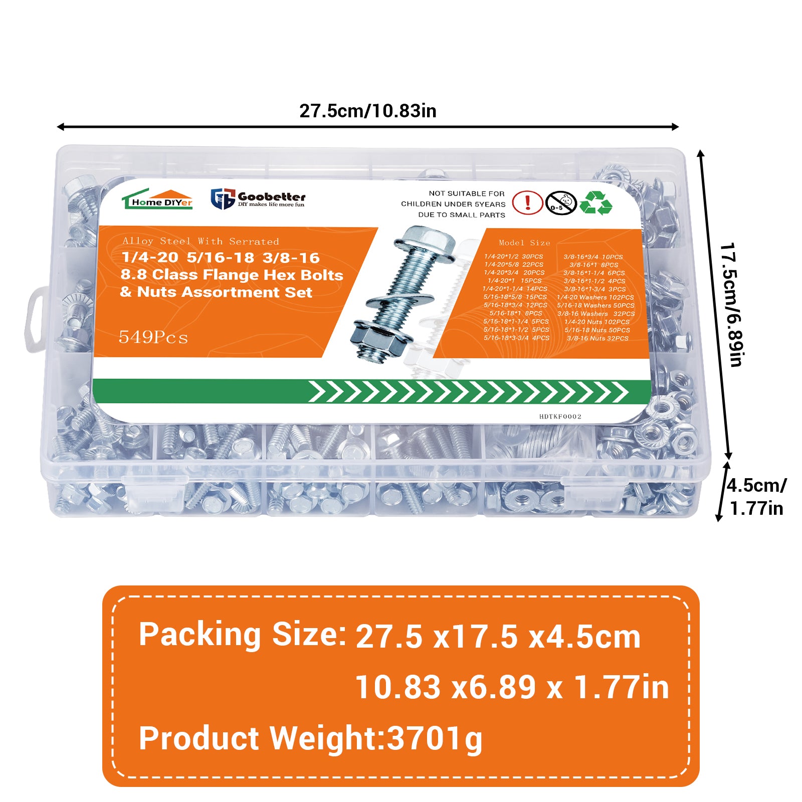 M6/M8/M10 Flange Bolt Kit (549PCS) | 8.8 Alloy Steel | Hex Bolts, Nuts & Washers