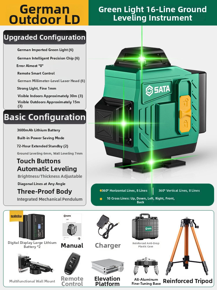 Professional Laser Level Kit – 12/16 Line Green & Blue Beam Self-Leveling with Dual Battery & Tripod
