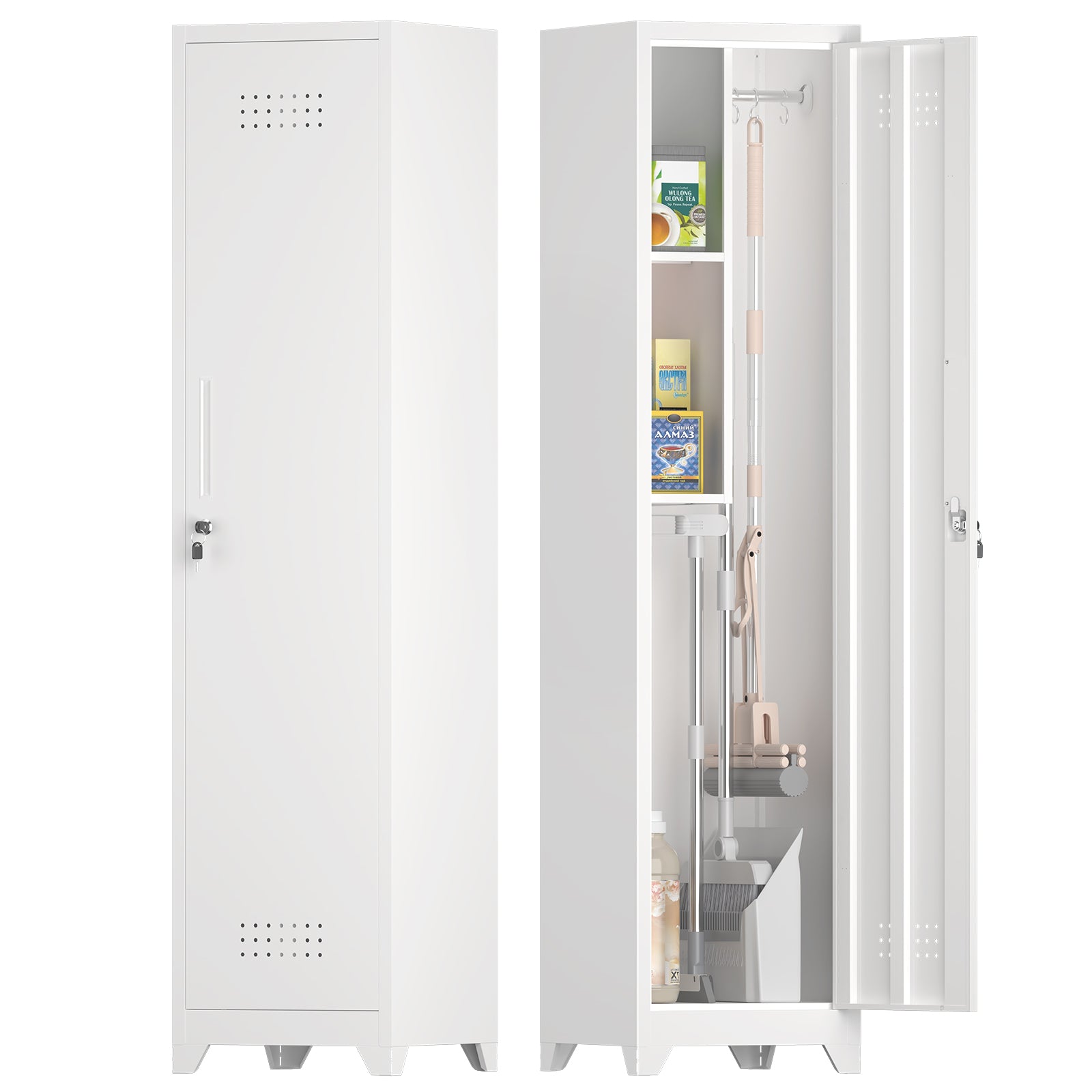 Metal Broom Storage Cabinet, 65" Narrow Broom Cabinet With Hooks, Slim Bathroom Storage Cabinet With Shelves, Heavy-Duty Cleaning Storage Cabinet For Utility Room, Gym, Office, Garage, Utility Shelves
