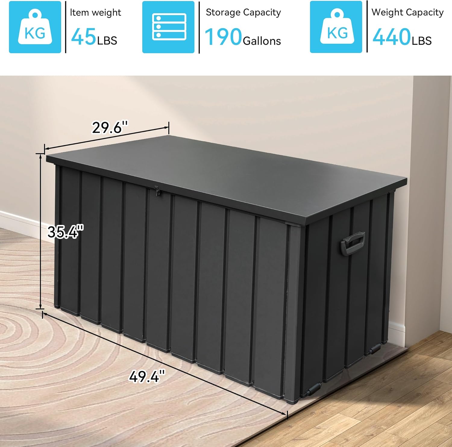 190 Gallon Metal Outdoor Deck Box – Waterproof Steel Storage Bench, Lockable Package Delivery, Dark Gray