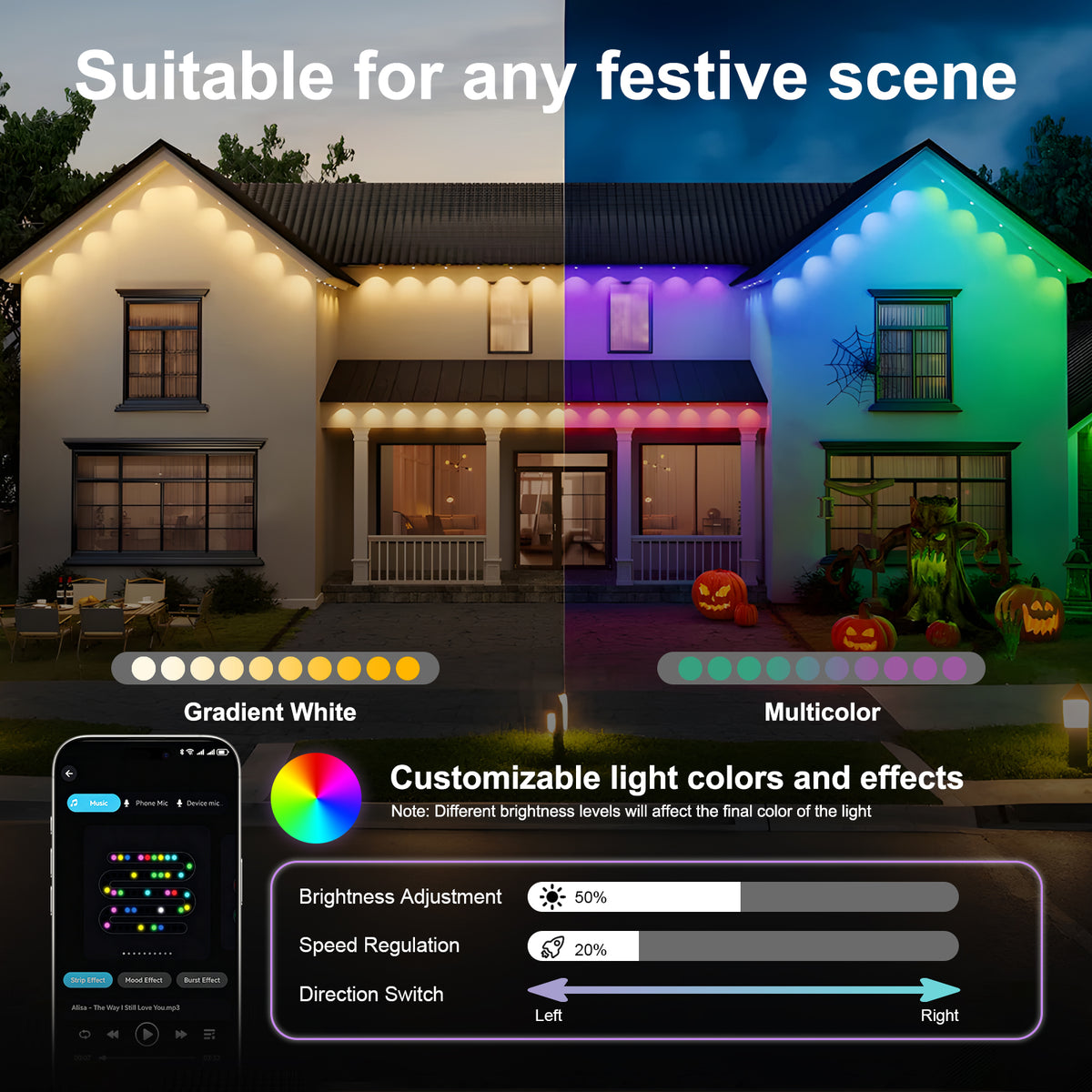 Permanent Outdoor Lights 50ft 30 LED RGB+IC for Eaves