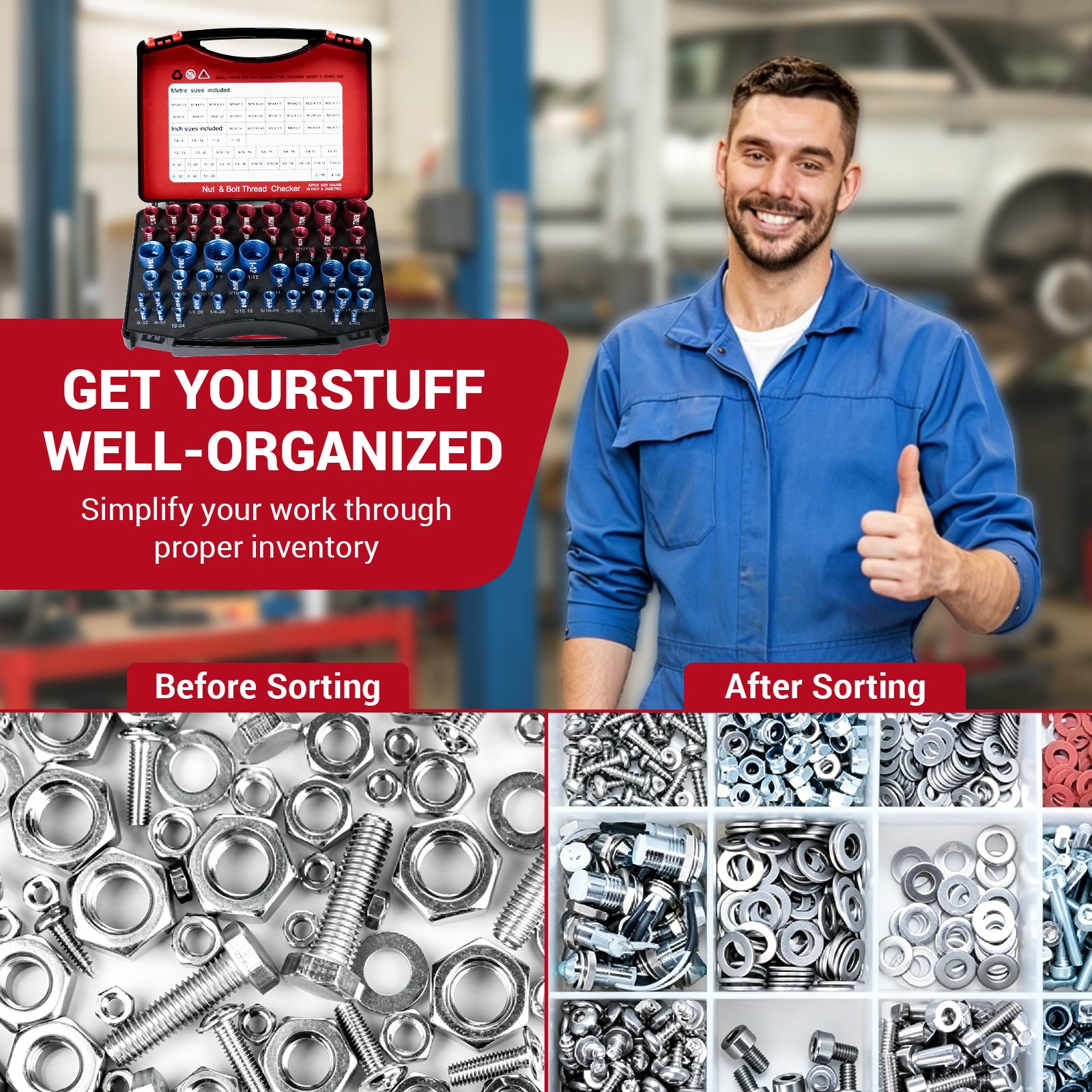 52-Piece Thread Checker Set — Standard & Metric Nut and Bolt Size Finder