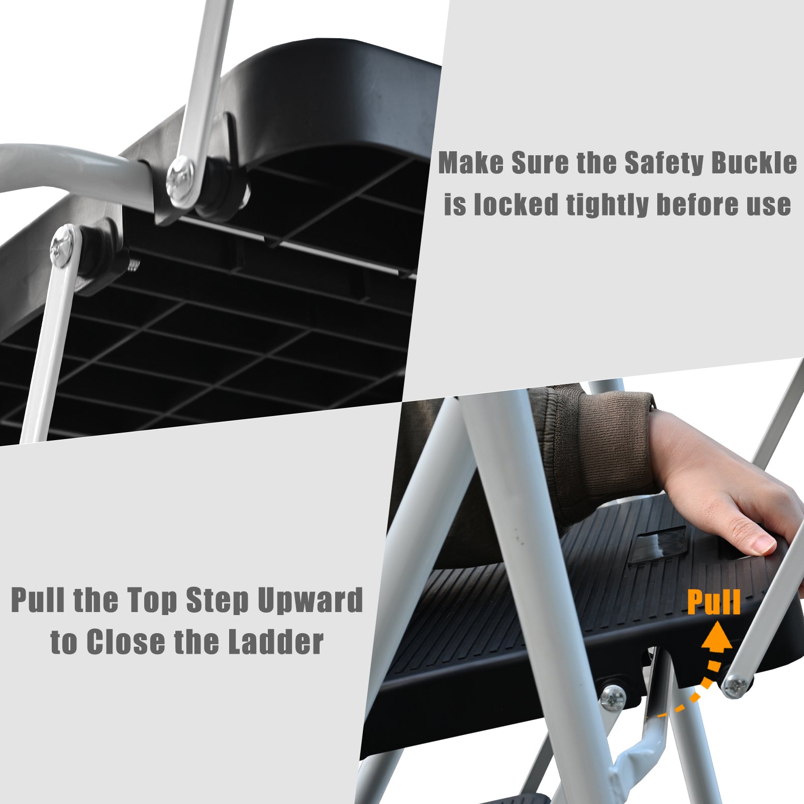 5‑Step Folding Step Stool with Handrails & Tool Tray — 330 lb Capacity, White & Black Steel, Non‑Slip Pedals