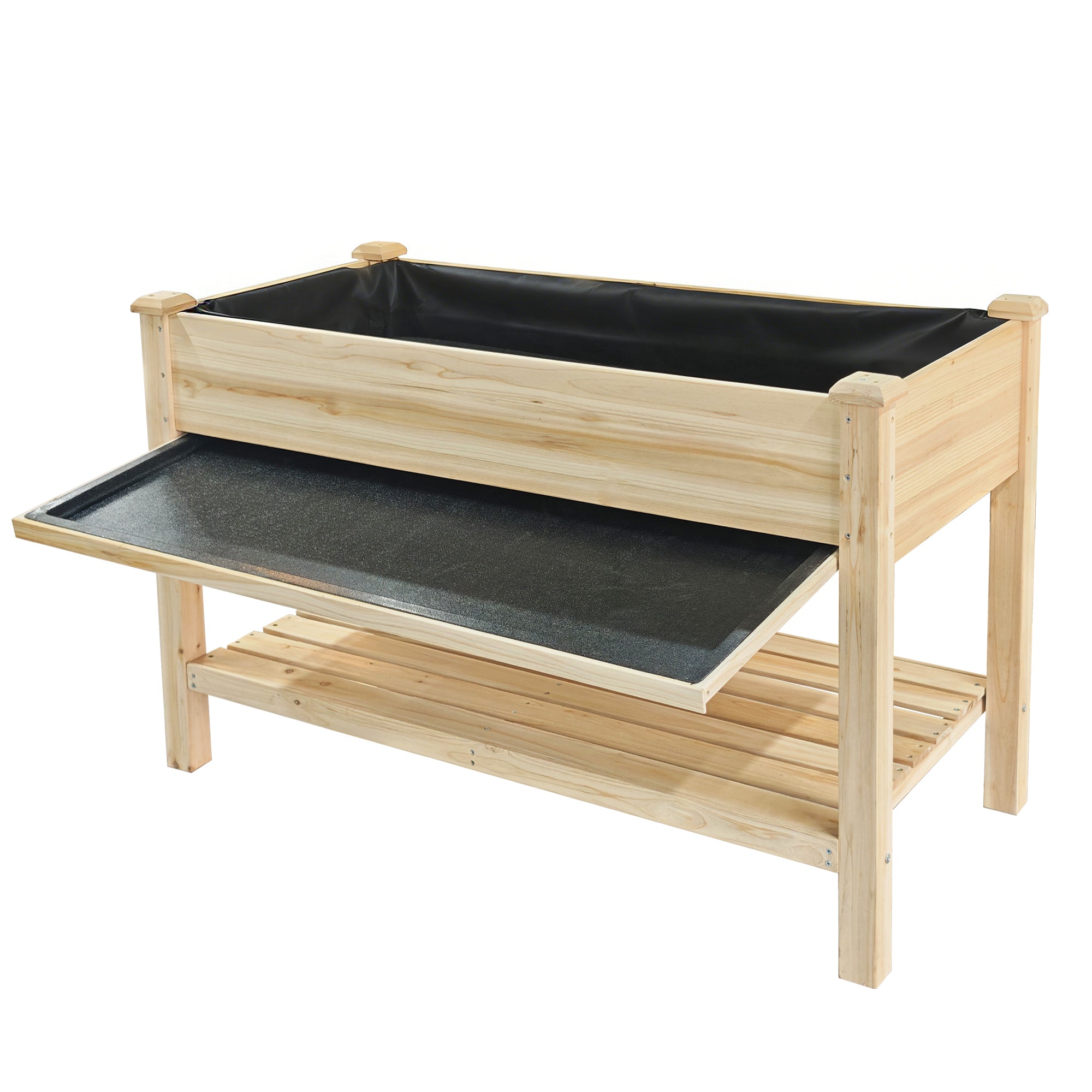 Raised Garden Bed 48x23x31.1" – Elevated Wood Planter with Water Collection Tray & Storage Shelf