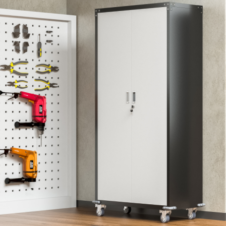 Garage Storage Cabinets with Locking Doors & 4 Adjustable Shelves – Heavy Duty Metal Cabinet with Casters