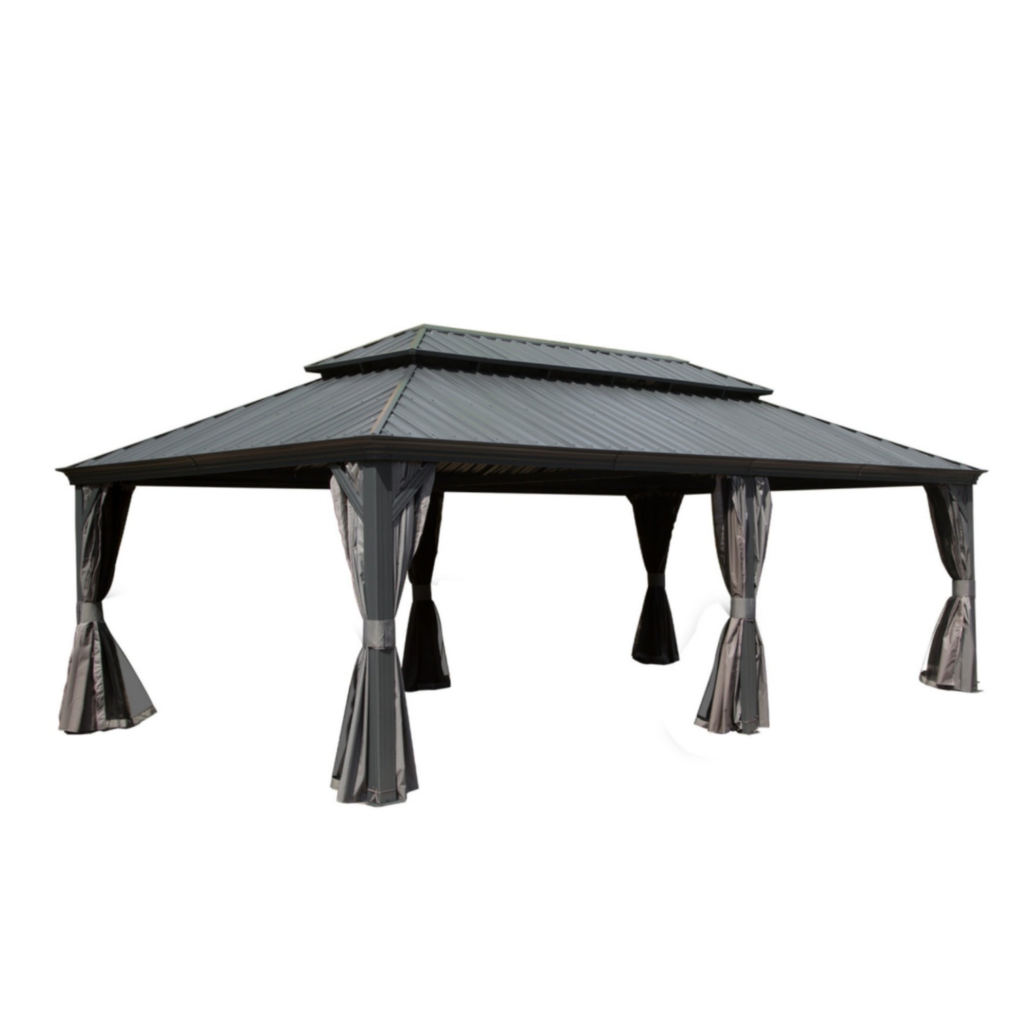 14x24 ft Hardtop Gazebo with Double Roof, Built-in Gutter, Curtains & Netting – Aluminum, Grey