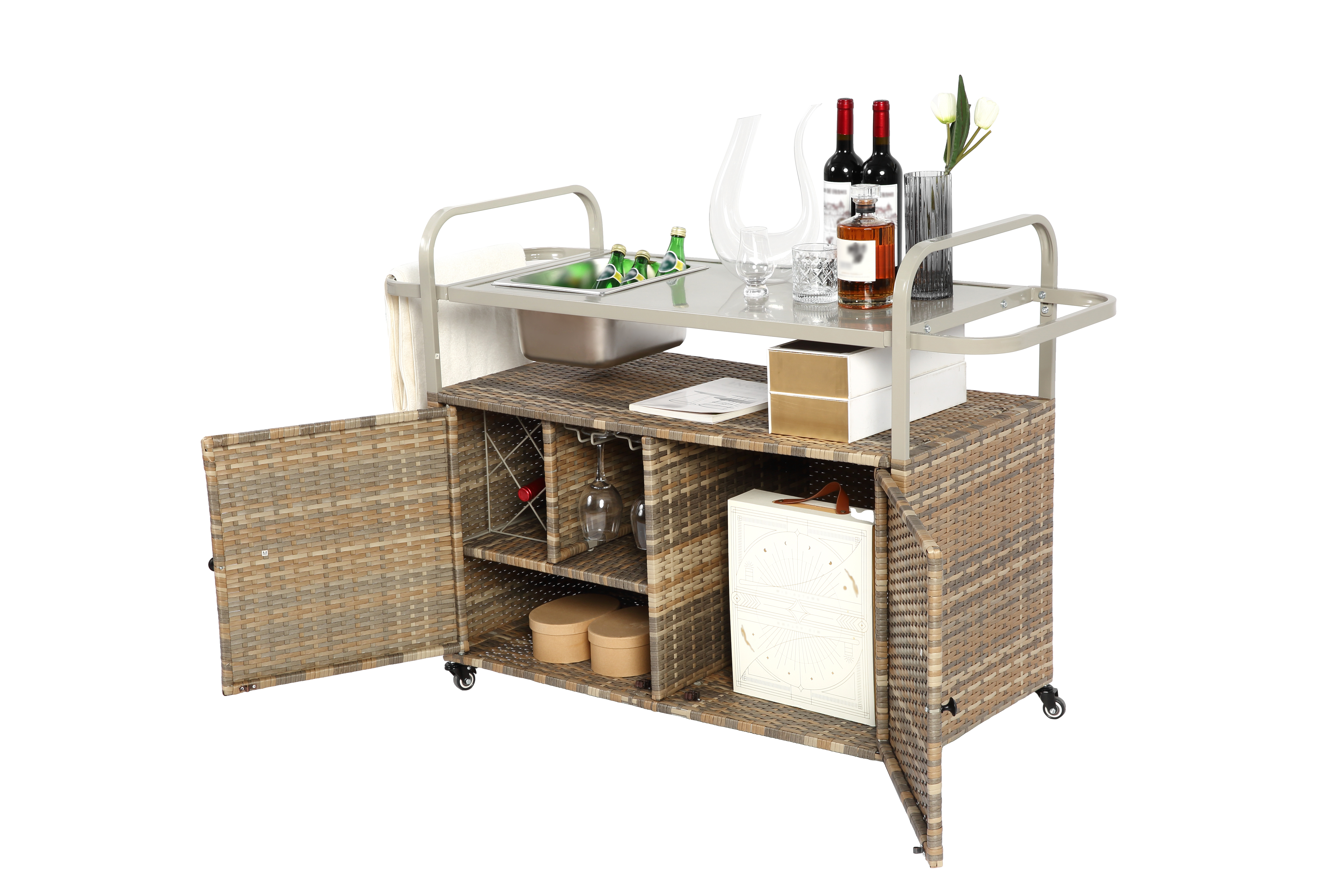 Outdoor Bar Table, Wicker Bar Cart with Cabinet, Patio Serving Cart with steel Top, with one ice bucket,Lockable Wheels, Side Basket for Garden, Poolside & Backyard, Beige