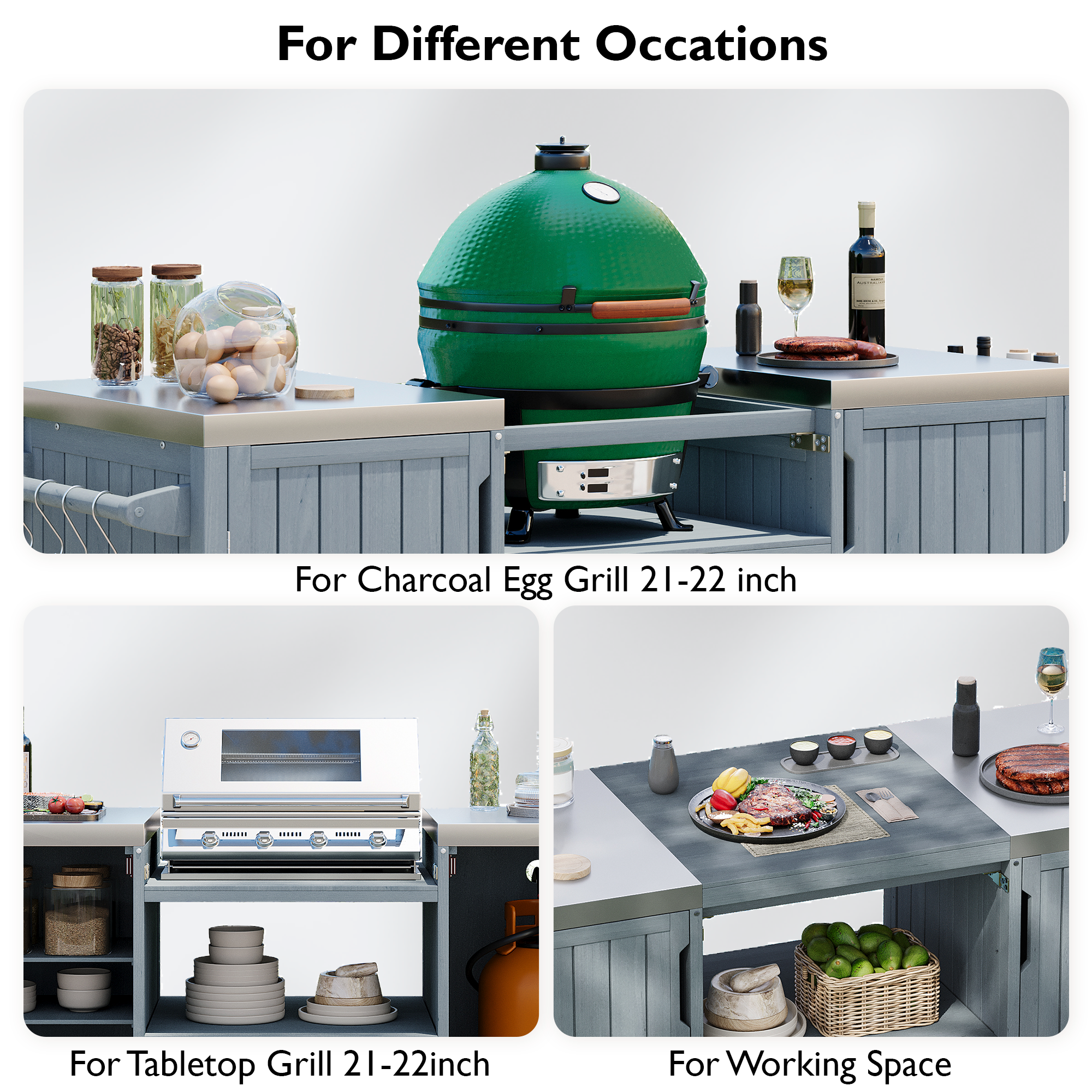 K&K 66.5" Outdoor Kitchen Island for Big Green Egg Grills, Solid Wood Outdoor Grill Cart for Tabletop Grill with Stainless Steel Top, Drawer, Compatible with Large Big Green Egg, Kamado Joe- Grey Blue