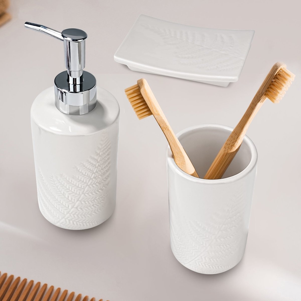 Bathroom Accessory Set, 3 Pcs Ceramic Sets with Toothbrush Holder, Soap Dispenser, Soap Dish, Modern Bathroom Sink Set Vanity Countertop Decor, White Tumbler Cup with Leaf - Look - HomeDIYer