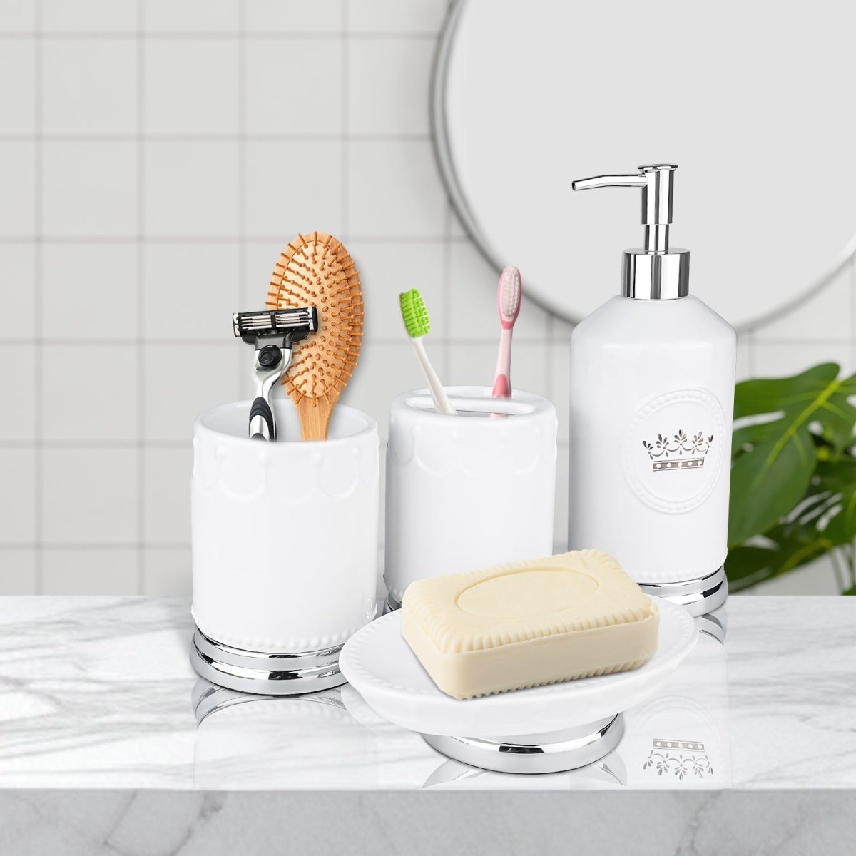 Bathroom Accessory Set, 4 Pcs Ceramic Sets with Crown Motif, Toothbrush Holder, Soap Dispenser, Soap Dish, Tumbler Cup（ White and Silver） - HomeDIYer