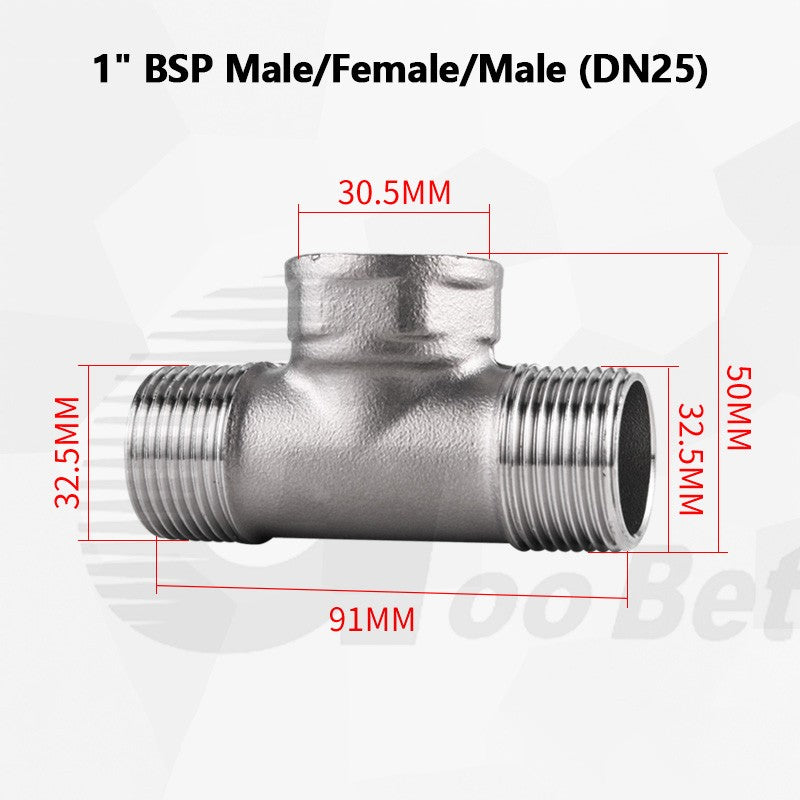 304 Stainless Steel BSP Tee Pipe Fitting — Male & Female Thread, 1/2" to 2"