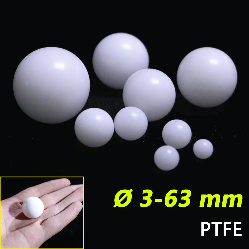 White PTFE spheres (Ø3-63mm) for diaphragm pumps & valve seal applications, smooth finish