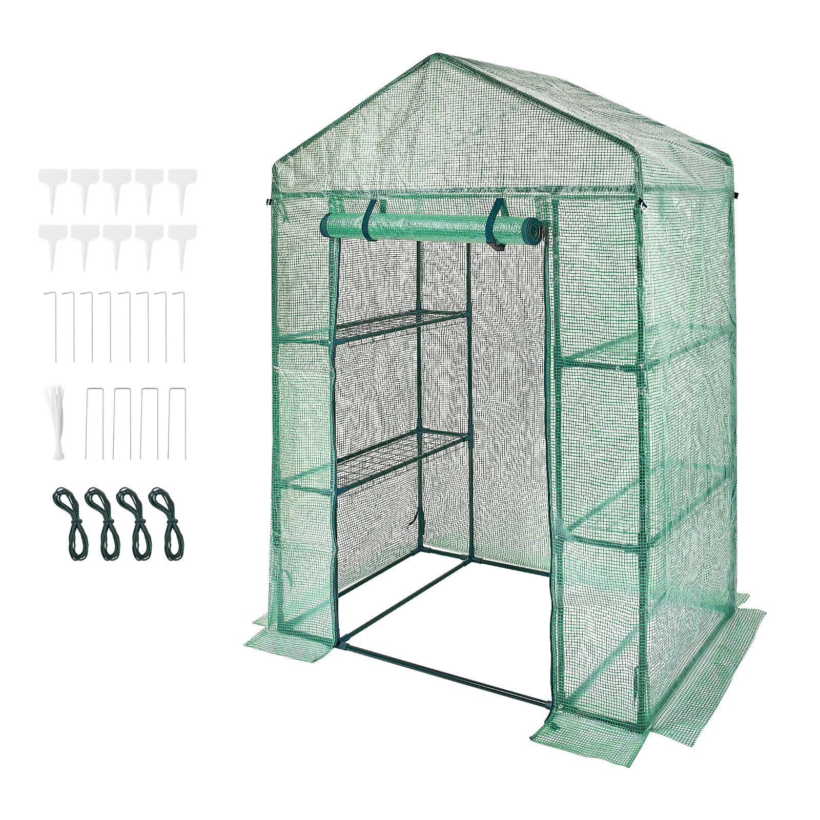 4.6ft x 2.4ft x 6.7ft Walk‑In Greenhouse with 4 Shelves — High‑Strength PE Cover Roll‑Up Door & Steel Frame Green