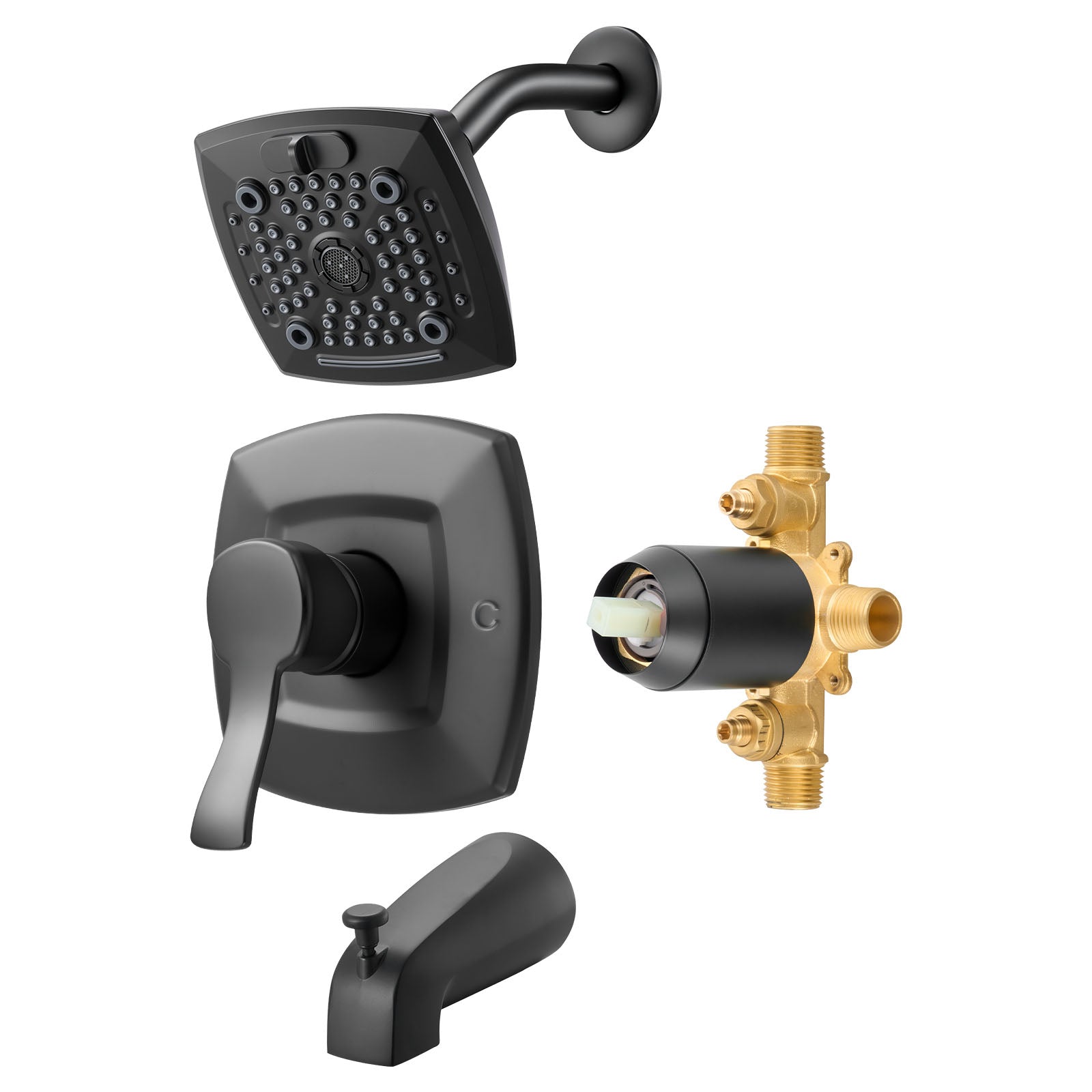 Complete Tub & Shower Faucet Set – 5.1" Rainfall Shower Head, 5 Spray Modes, Pressure Balancing Valve, Matte Black