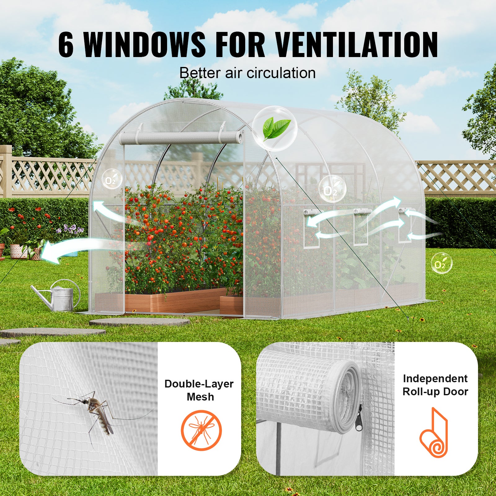 9.58ft x 6.43ft x 6.23ft Walk‑In Tunnel Greenhouse — Heavy‑Duty Galvanized Frame Thick PE Cover & Ventilation Windows White