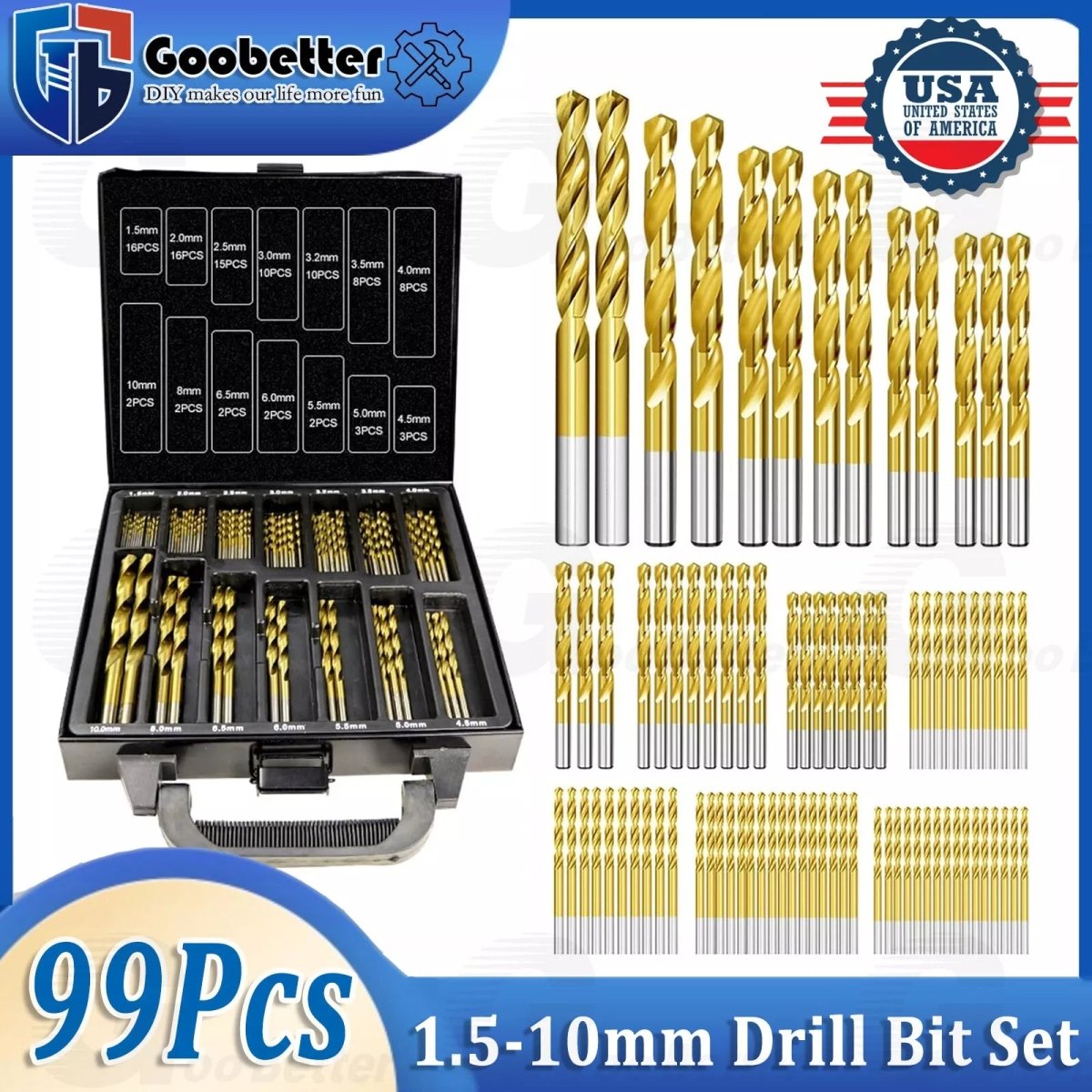 HSS Drill Bit Set Titanium Coated 99Pcs Round Shank Drill Metal Steel 1.5 - 10mm - HomeDIYer