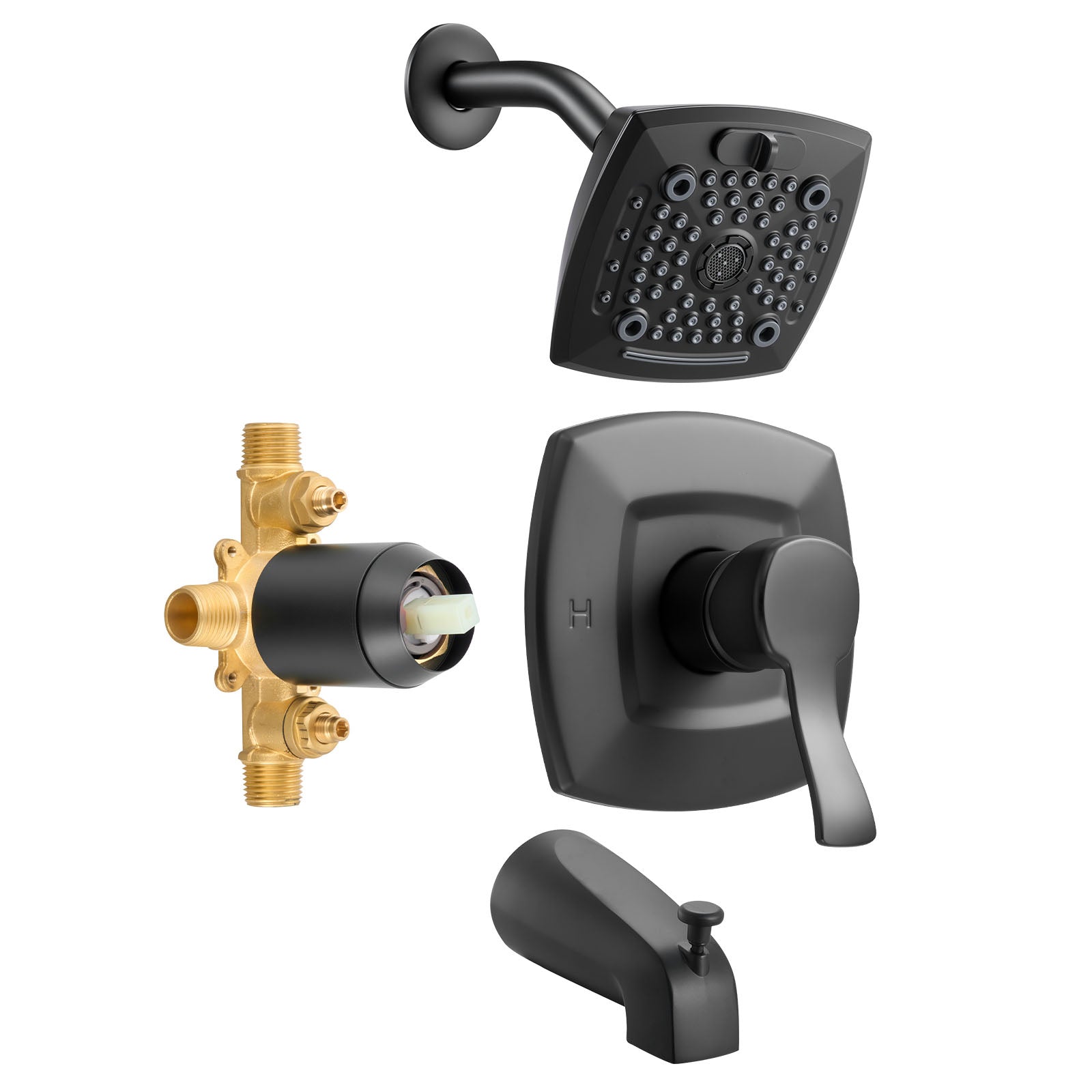 Complete Tub & Shower Faucet Set – 5.1" Rainfall Shower Head, 5 Spray Modes, Pressure Balancing Valve, Matte Black