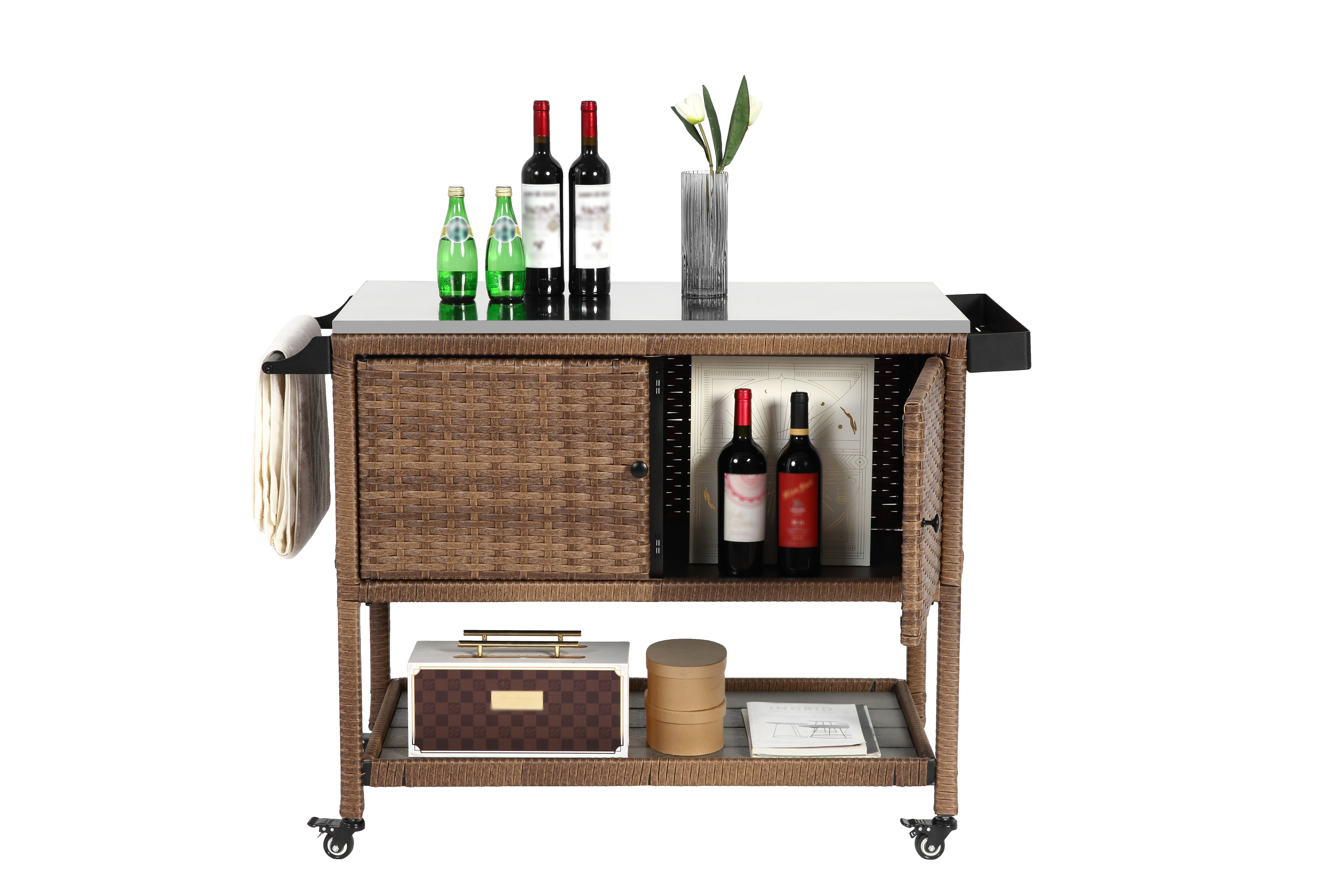 Outdoor Wicker Bar Cart, Patio Wine Serving Cart w/Wheels, Rolling Rattan Beverage Bar Counter Table with stainless steel Top for Porch Backyard Garden Poolside Party, Brown