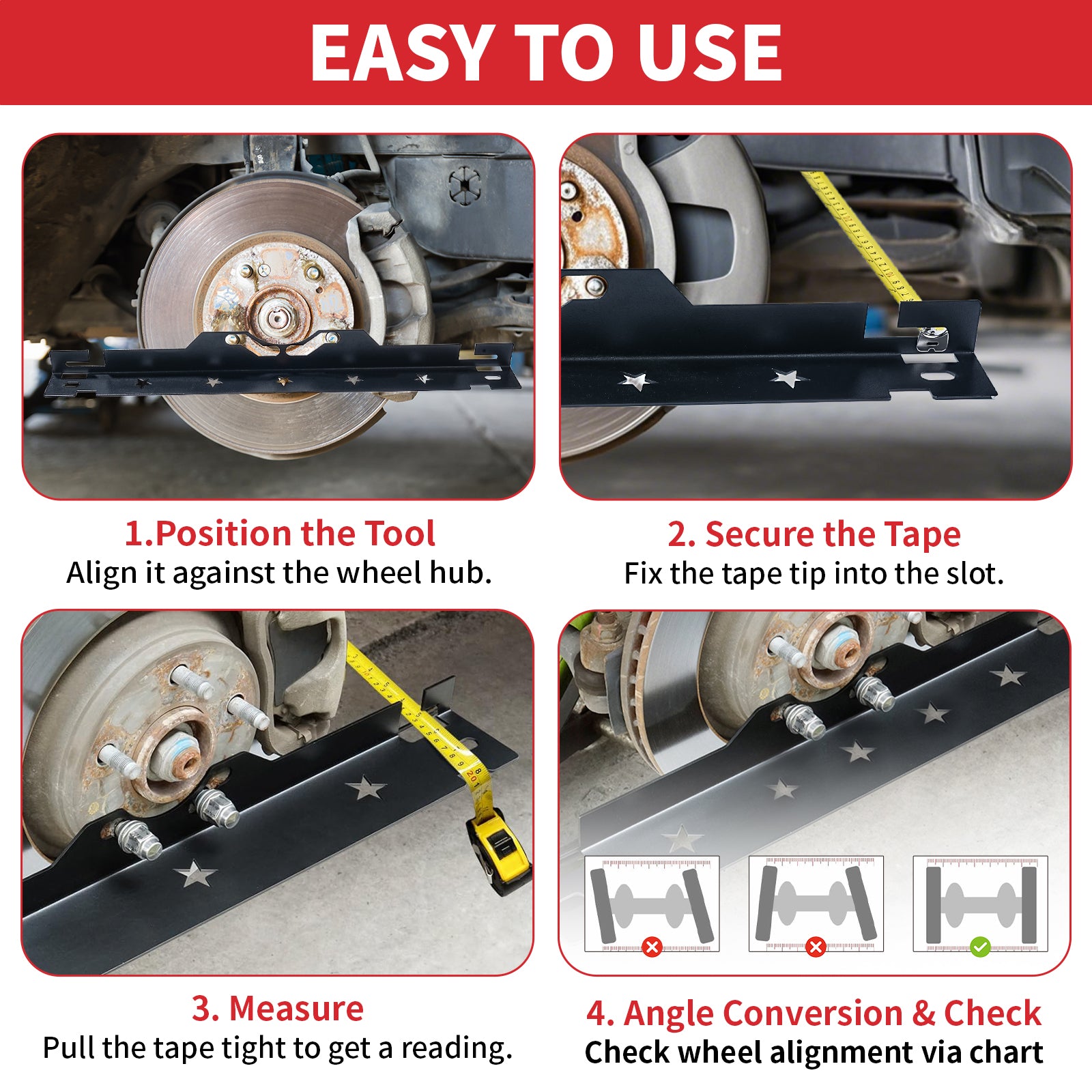 Wheel Alignment Tool Kit, 2 Toe Plates with Dual Measuring Tapes, Heavy Duty Stainless Steel Car Alignment Tool Kit for Trucks, SUVs, Black, Wall-Mountable Design