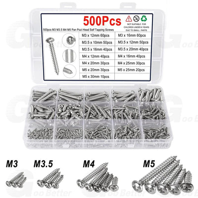 500pcs Assorted Pan Pozi Head Self Tapping Screws Stainless Steel M3 M3.5 M4 M5