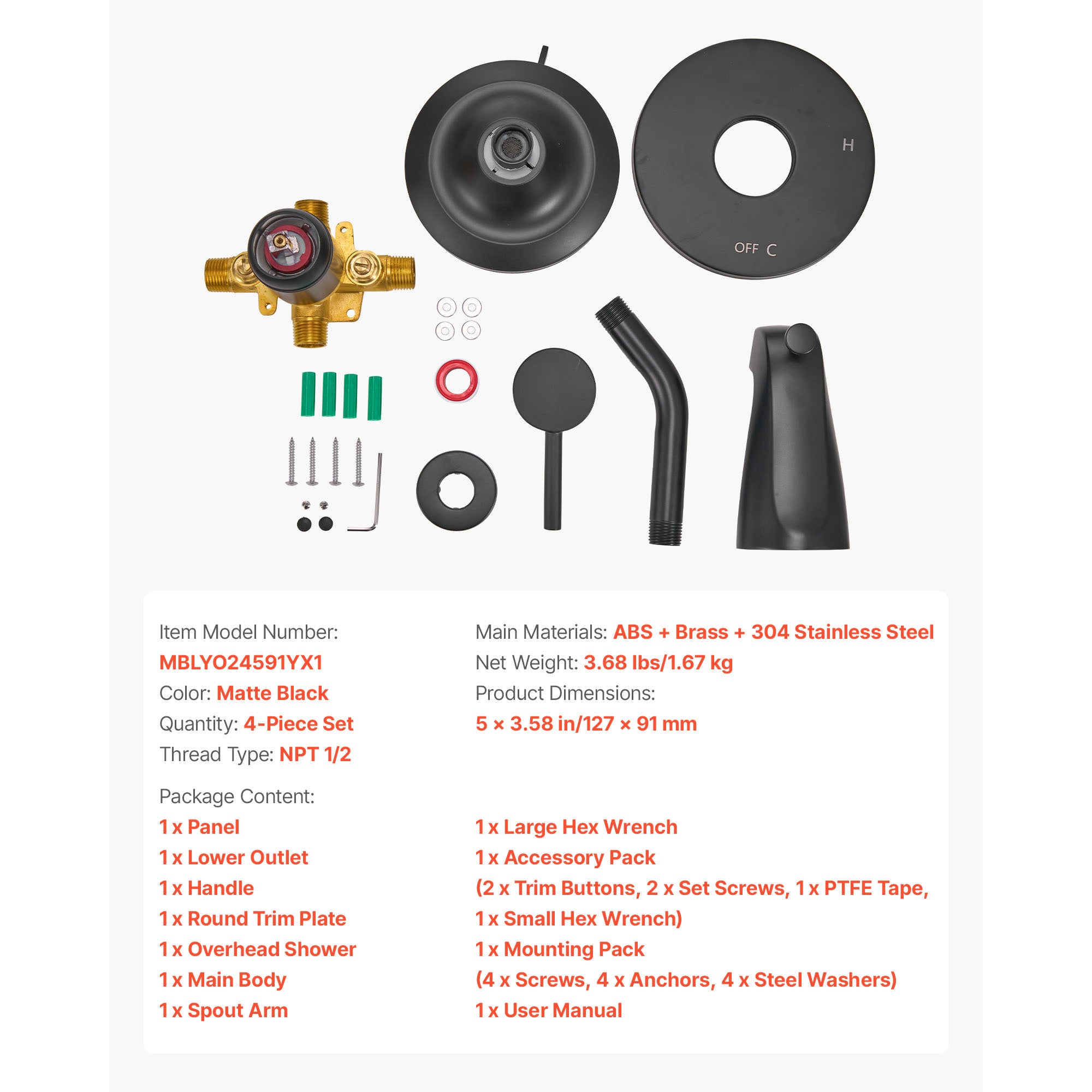 Complete Tub & Shower Faucet Set – 5" Rainfall Shower Head, 8 Spray Modes, Pressure Balancing Valve, Matte Black