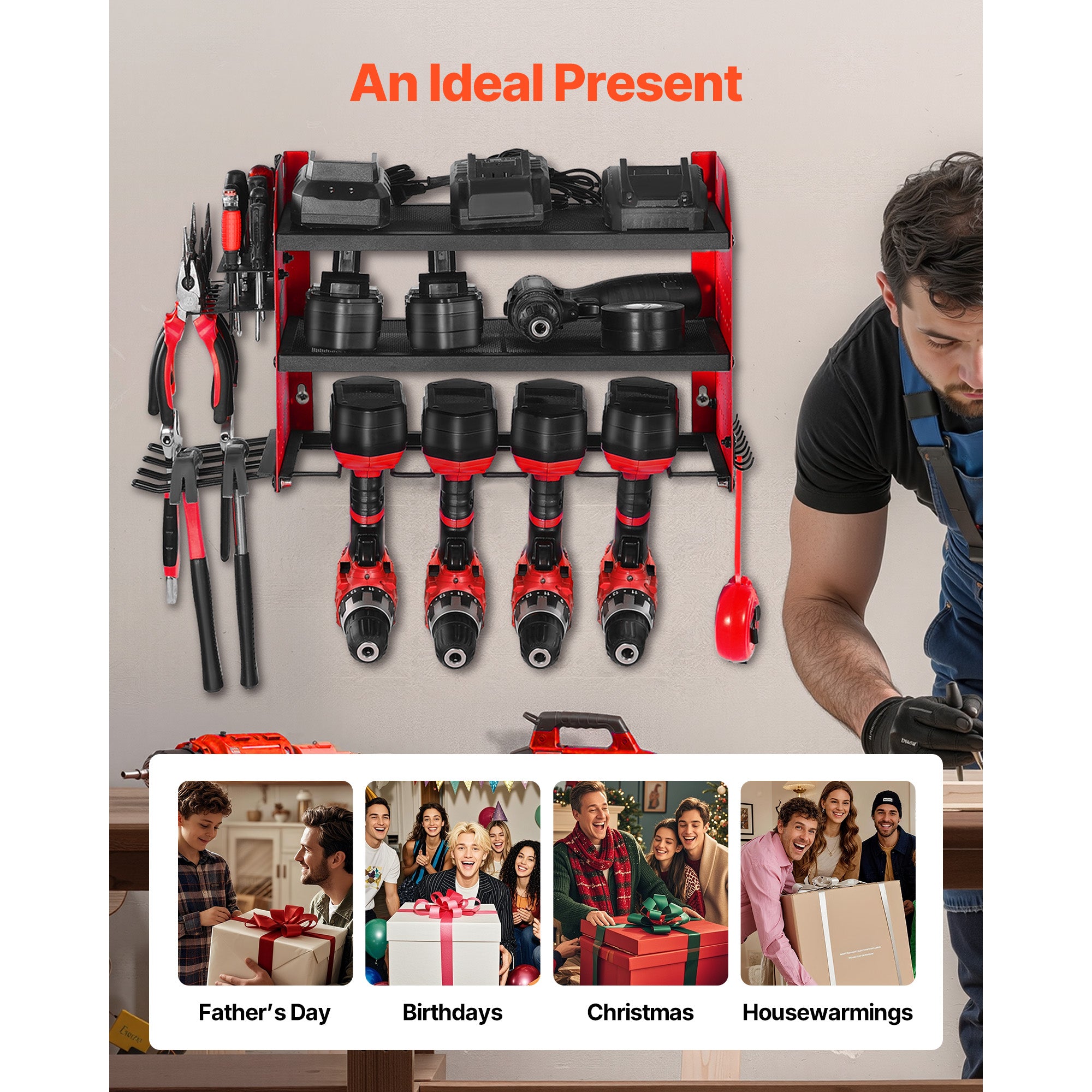 Wall Mount Power Tool Organizer, 3-Tier Rack with 4 Drill Holders & Side Pegboards, 100 lb Capacity, Q235 Steel, Red