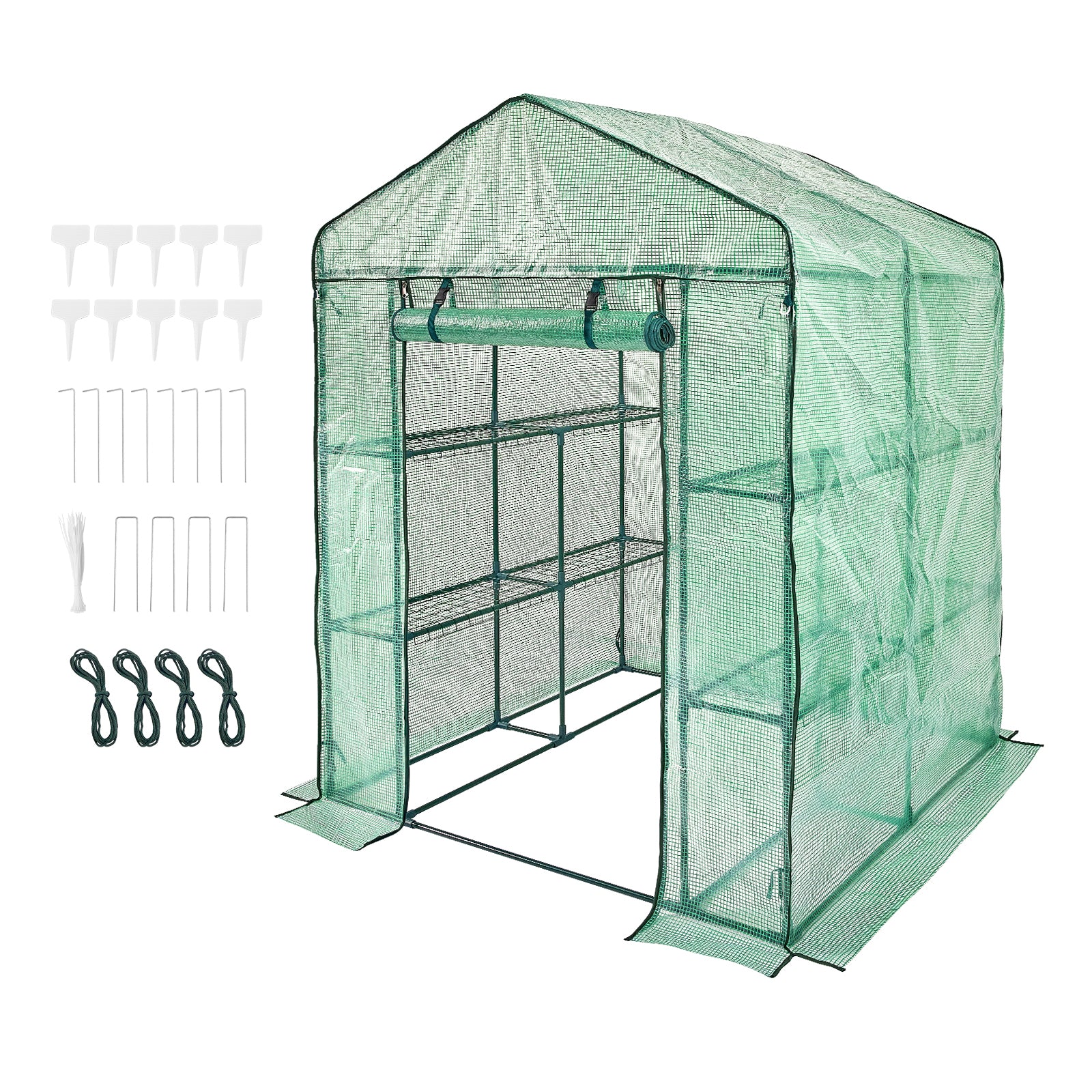 4.6ft x 4.6ft x 6.6ft Walk‑In Greenhouse with 4 Shelves — High‑Strength PE Cover Roll‑Up Door & Steel Frame Green