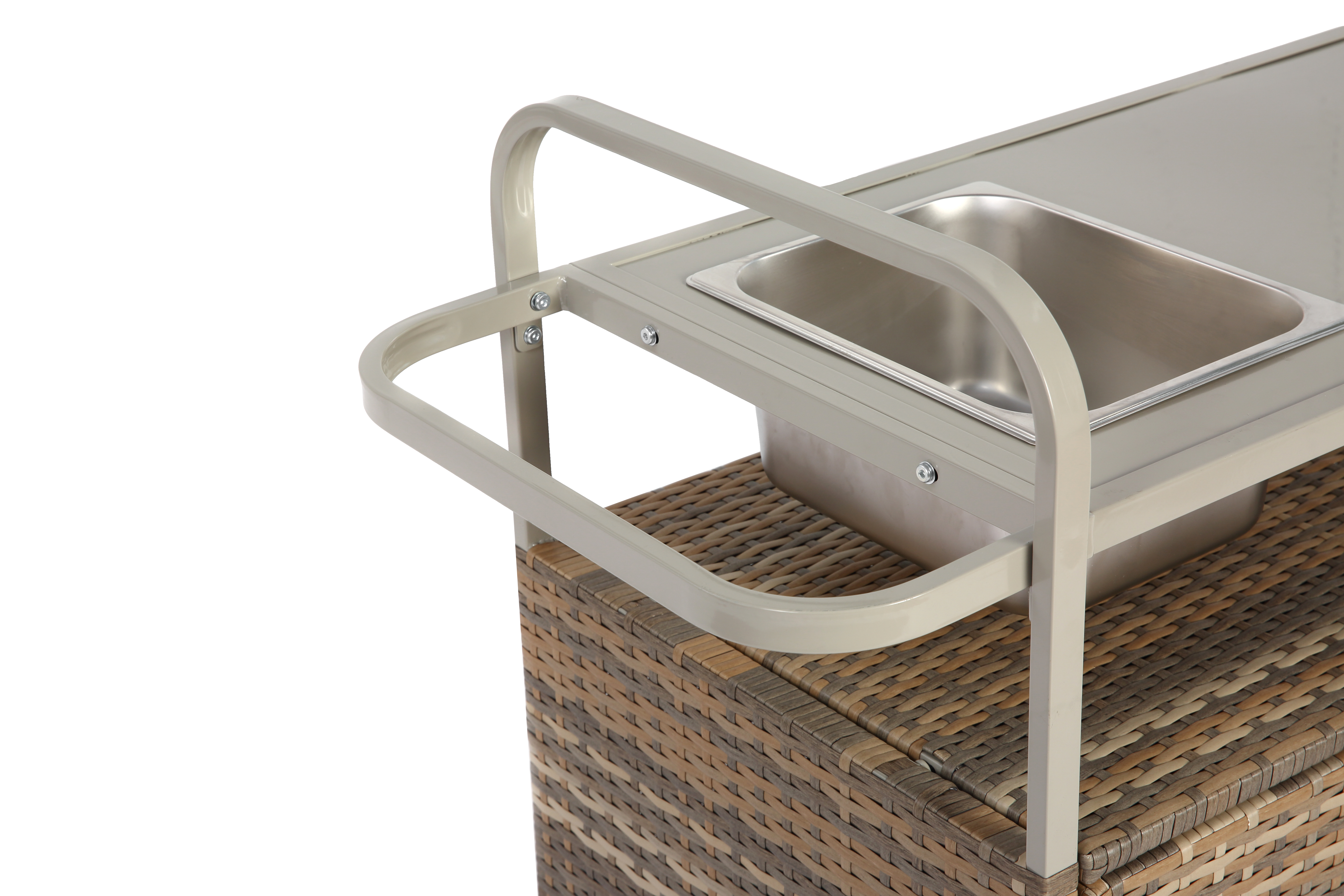 Outdoor Bar Table, Wicker Bar Cart with Cabinet, Patio Serving Cart with steel Top, with one ice bucket,Lockable Wheels, Side Basket for Garden, Poolside & Backyard, Beige