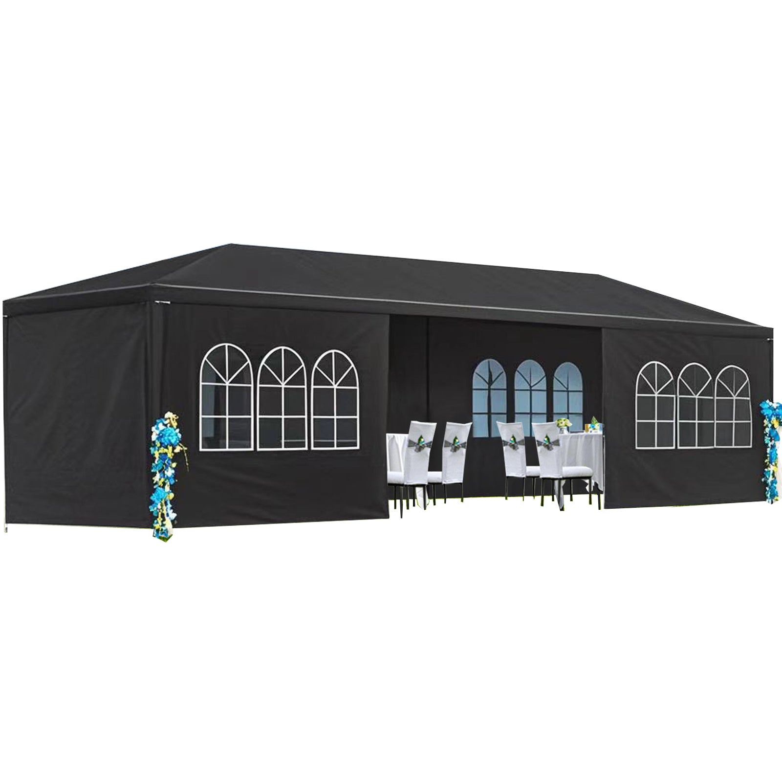 10x30 ft Party Canopy Tent with 8 Removable Sidewalls (6 Window + 2 Zipper), Waterproof PE – Black