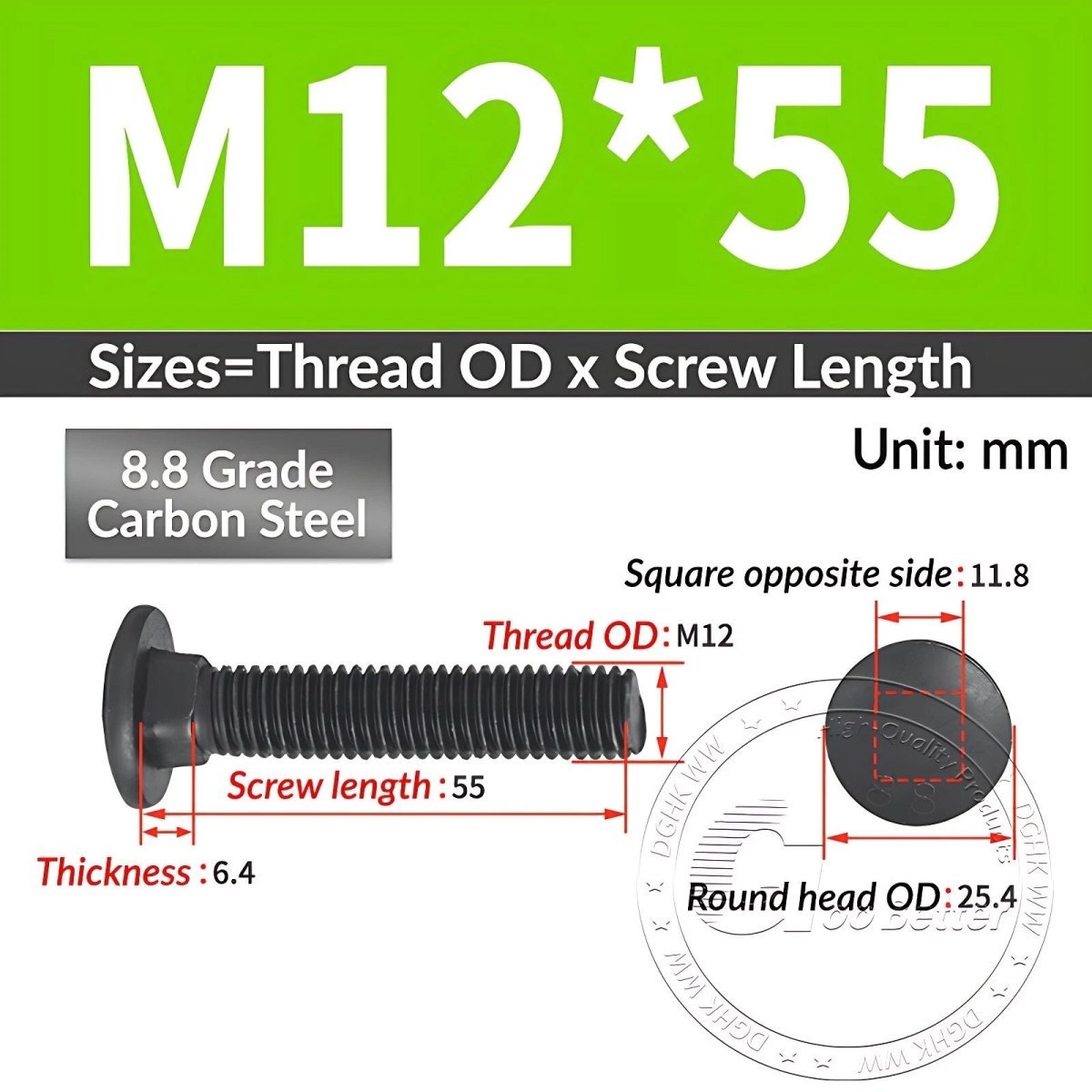 Black 8.8 Grade Steel Carriage Bolts | Cup Square Dome Head | M6–M24 - HomeDIYer