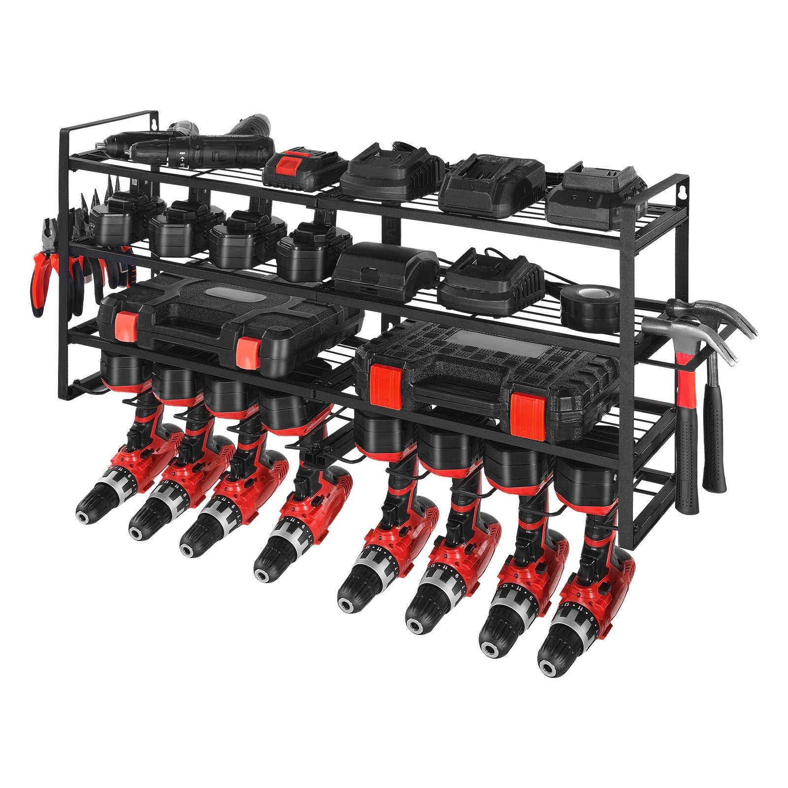 Power Tool Organizer Wall Mount – 4-Layer Storage Rack with 8 Drill Holders & Screwdriver Holder for Garage, Workbench, Workshop