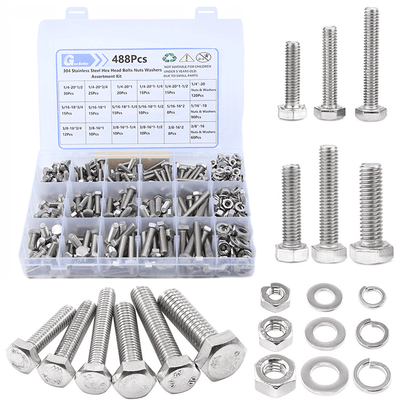488Pcs 1/4''-3/8'' UNC Outer Hex Bolt, Washer, Nut Combination Kit Stainless Steel