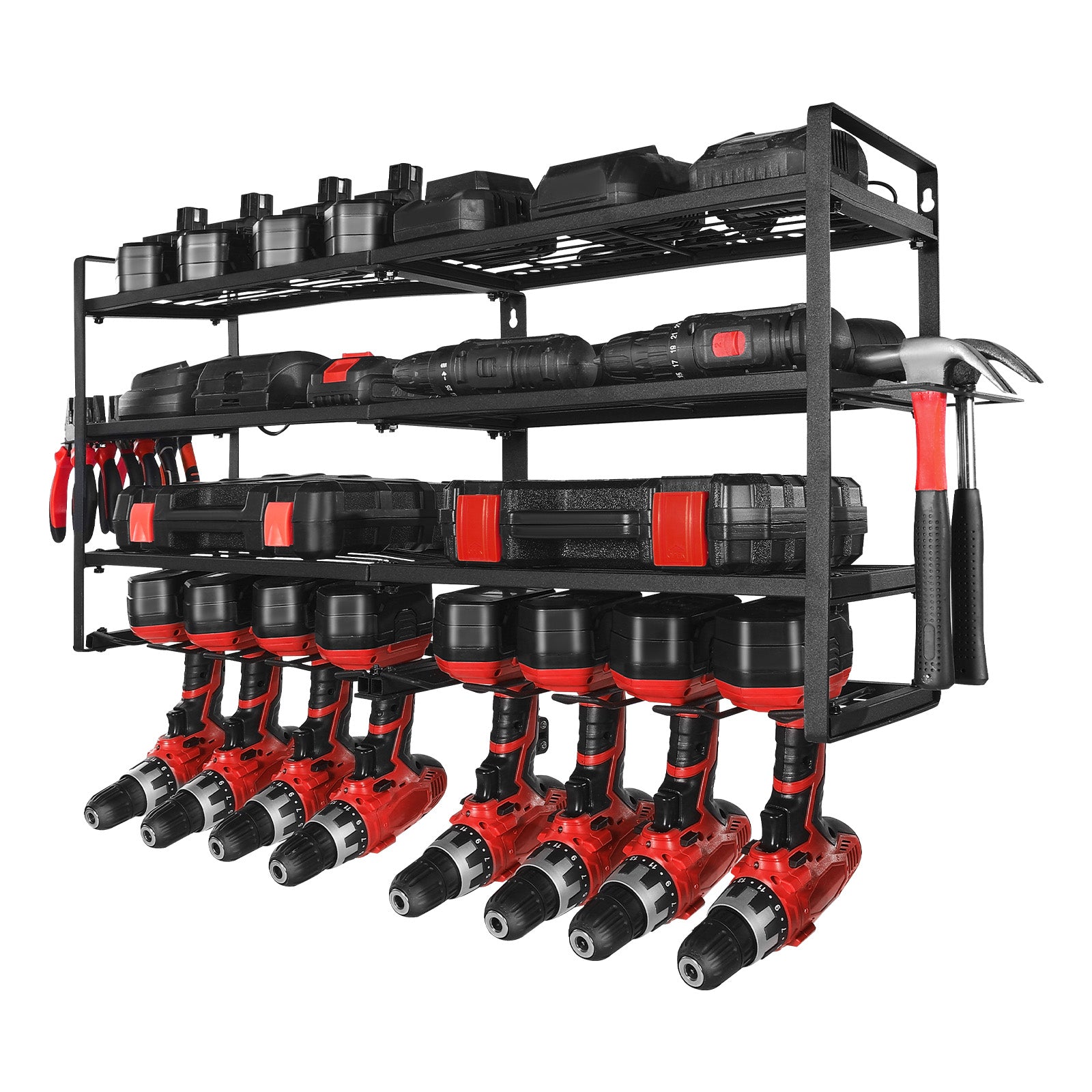 Power Tool Organizer Wall Mount – 4-Layer Storage Rack with 8 Drill Holders & Screwdriver Holder for Garage, Workbench, Workshop