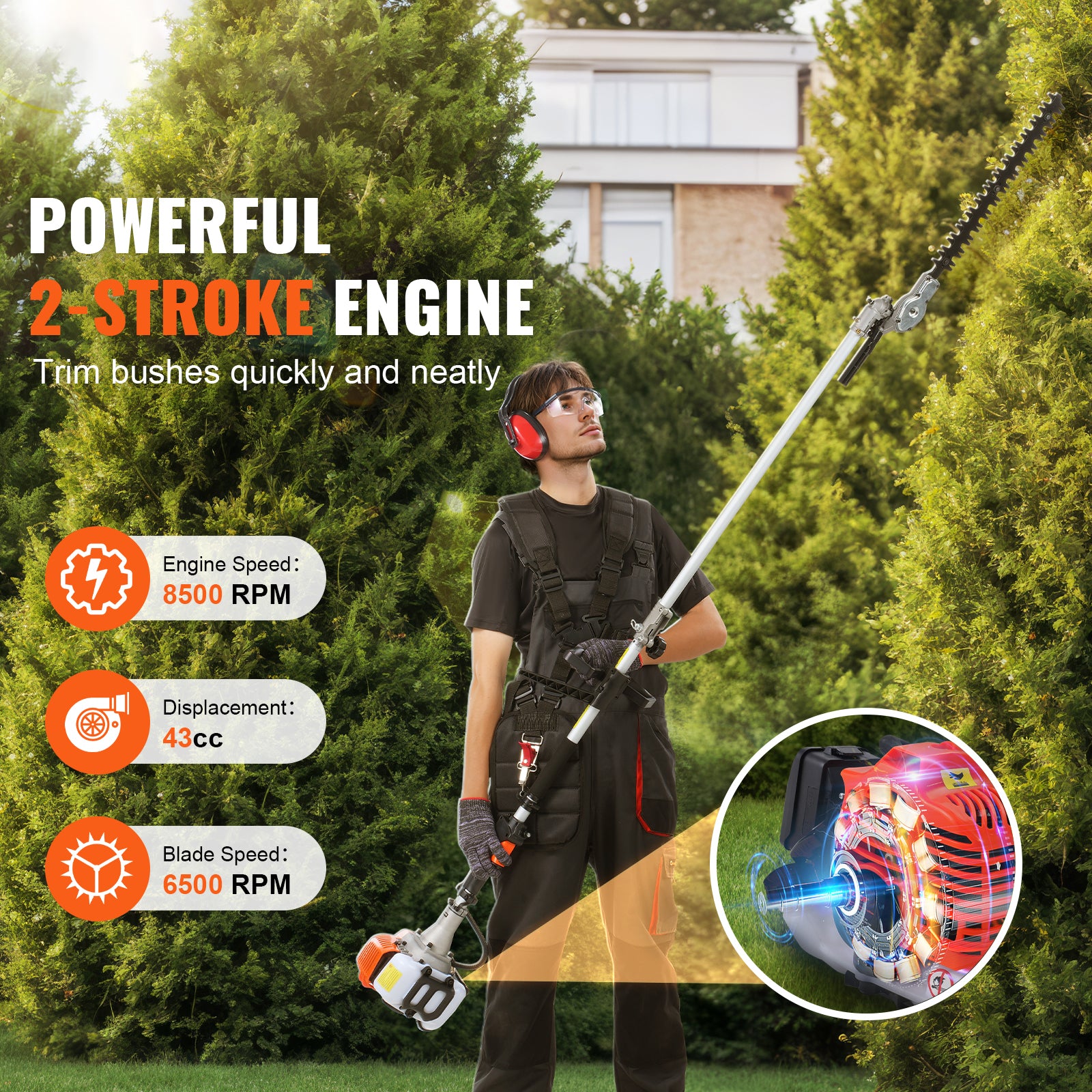 43CC 6-in-1 Gas-Powered Multi-Tool | Hedge Trimmer, Pole Saw, Brush Cutter & String Trimmer – 2-Stroke Engine