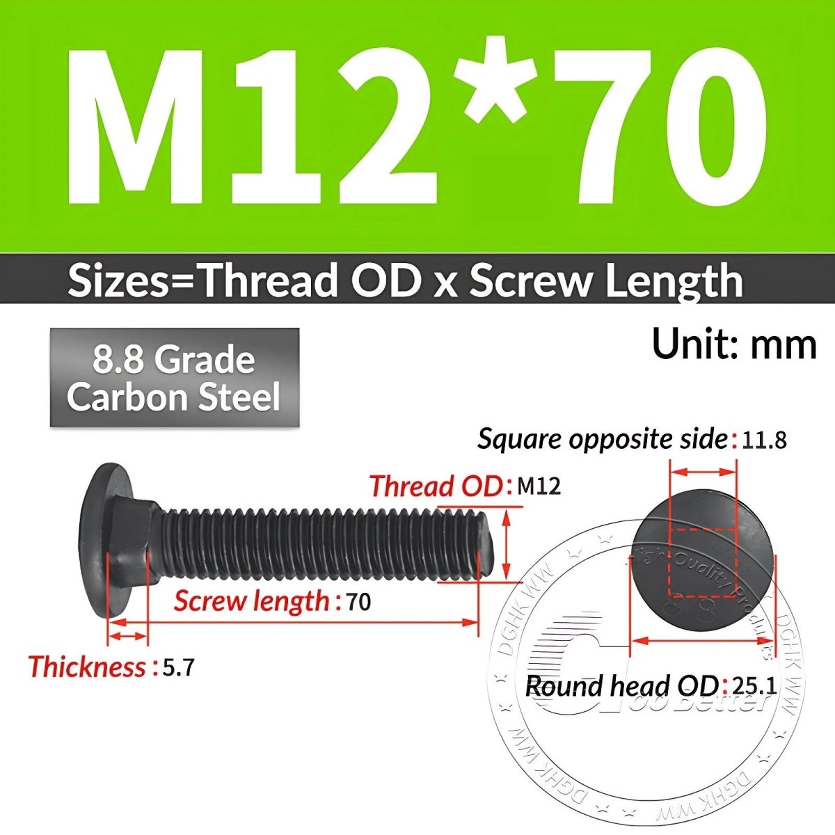 Black 8.8 Grade Steel Carriage Bolts | Cup Square Dome Head | M6–M24 - HomeDIYer