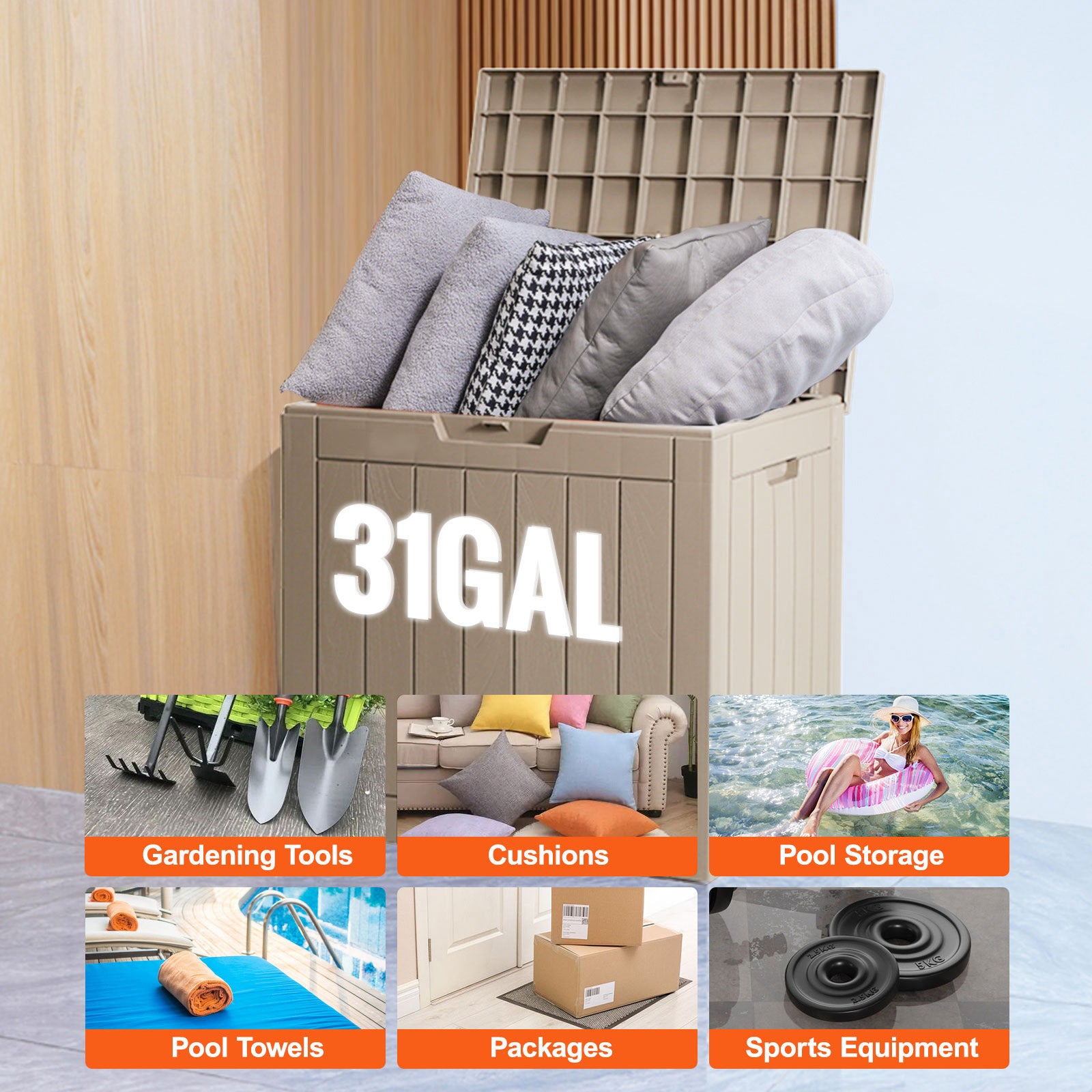 Outdoor Storage Box Resin Deck Box 31 Gallon Patio Waterproof Organizer  On-