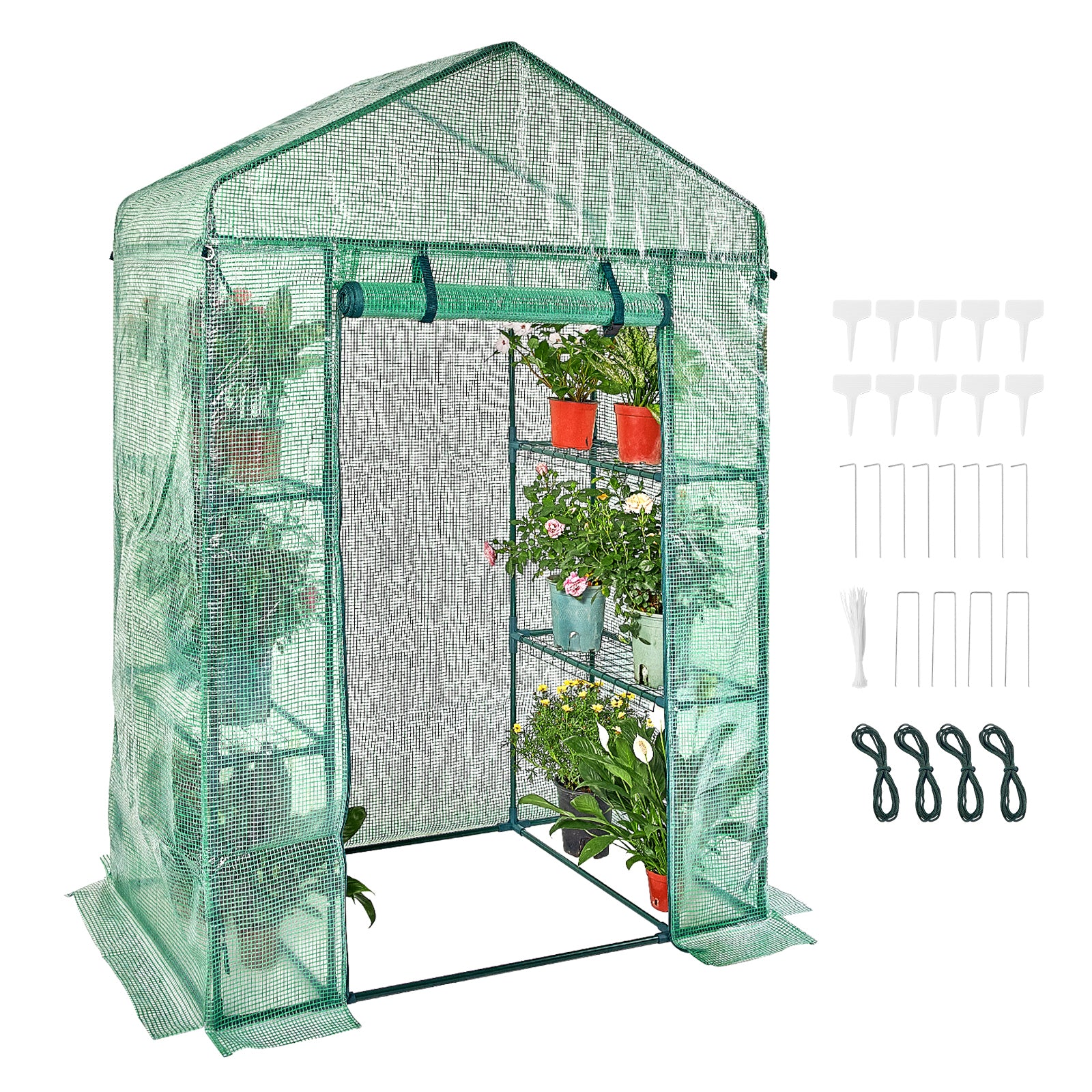 4.6ft x 2.4ft x 6.7ft Walk‑In Greenhouse with 4 Shelves — High‑Strength PE Cover Roll‑Up Door & Steel Frame Green