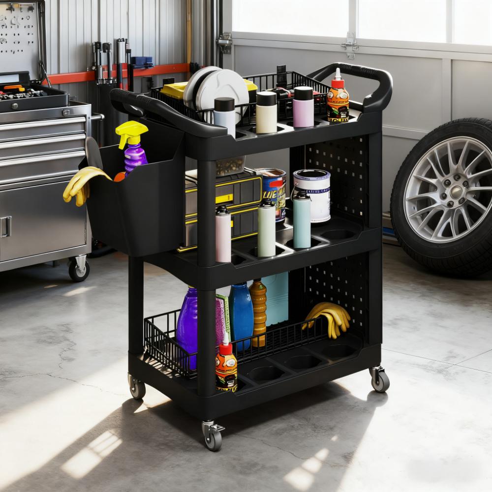 Capacity Plastic Utility Cart with Side Shelf and Storage Bucket,3-Tier Rolling Tool Cart