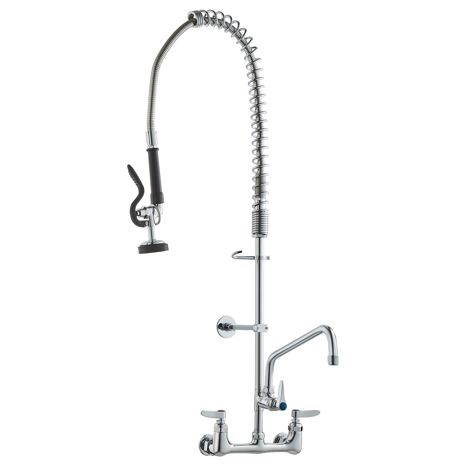 Commercial Faucet with Pre-Rinse Sprayer, 36" Height, 8" Center, 12" Swing Spout, Wall Mount Kitchen Sink Faucet, Brass Constructed Device with Pull Down Spray, for 1/2/3 Compartment Sink