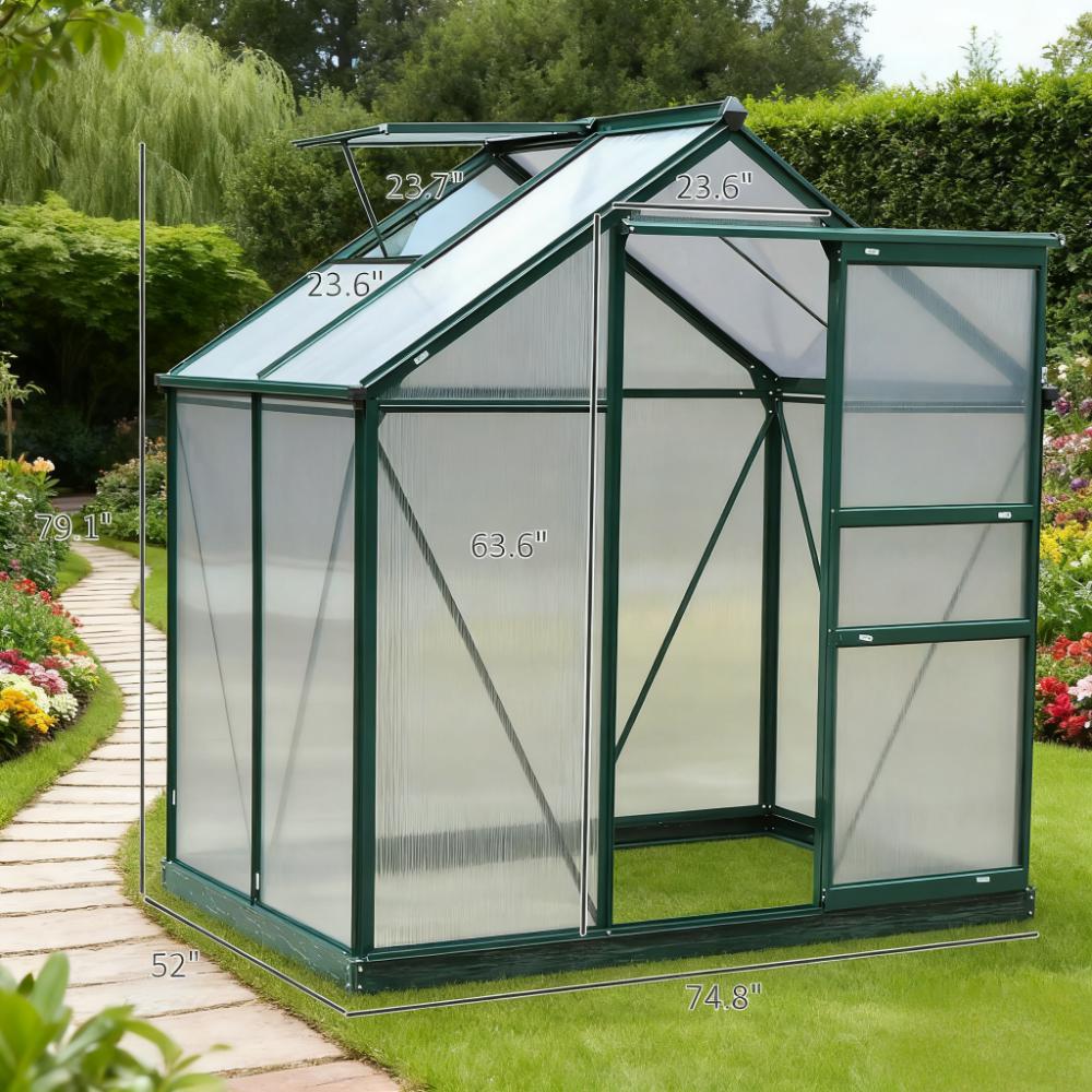6ft x 4ft Polycarbonate Walk‑In Greenhouse — Aluminum Frame Rain Gutter & Adjustable Roof Vent Multi