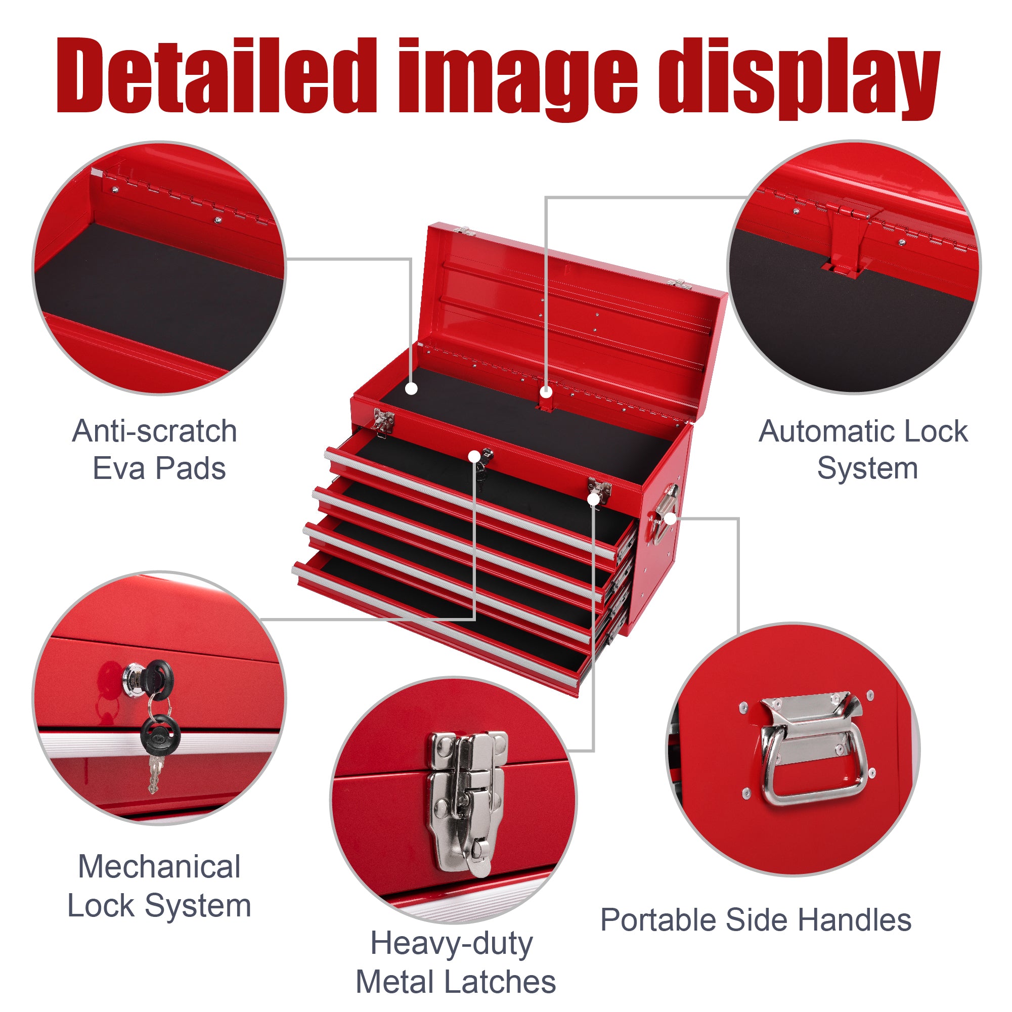 21" Heavy-Duty Red Steel Tool Box | 4 Smooth-Glide Drawers