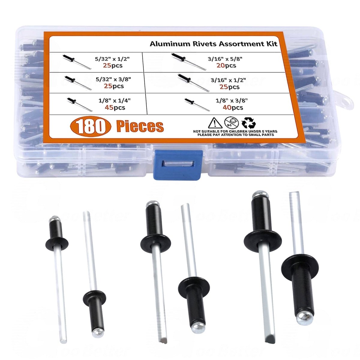 180Pcs Aluminum Dome Head Blind Pop Rivet Assortment Set 6 Sizes 5/32 3/16'' 1/8'' - HomeDIYer