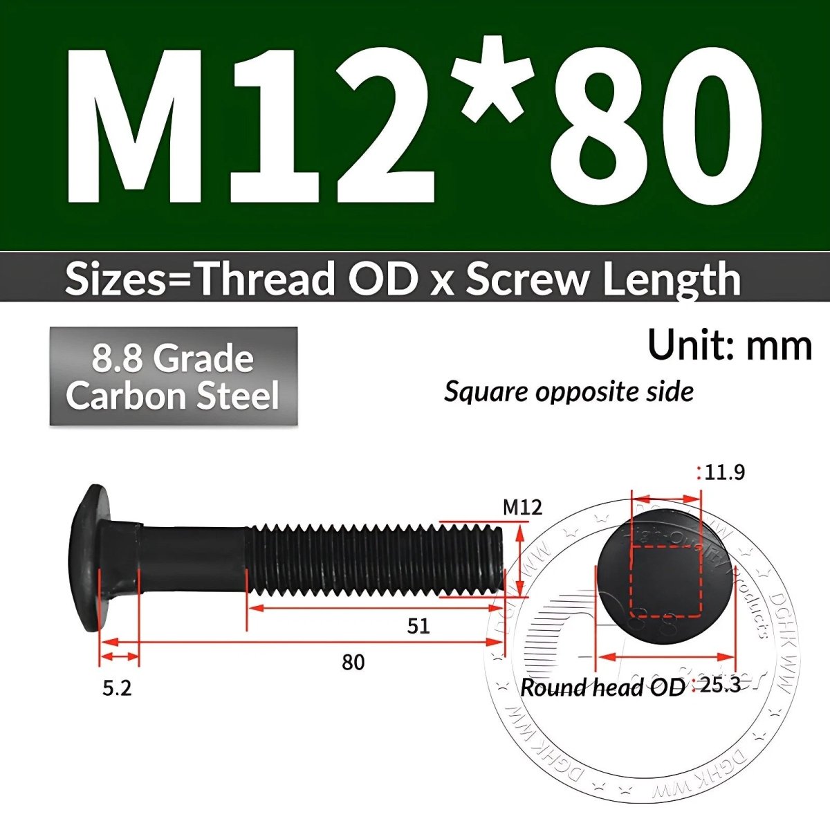 Black 8.8 Grade Steel Carriage Bolts | Cup Square Dome Head | M6–M24 - HomeDIYer