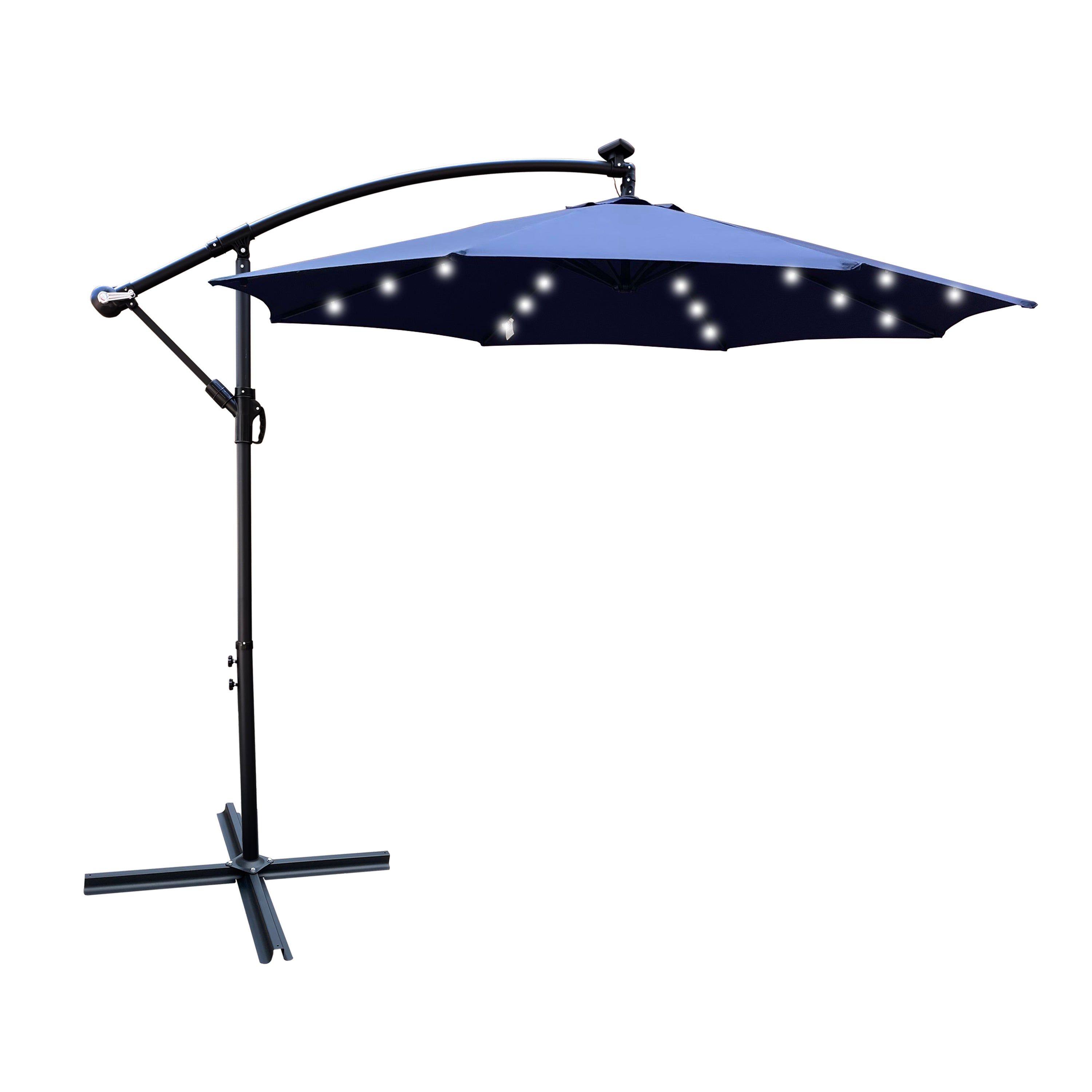 10 ft Round Solar LED Patio Umbrella 8-Rib Navy Blue Steel Cross Base | HomeDIYer