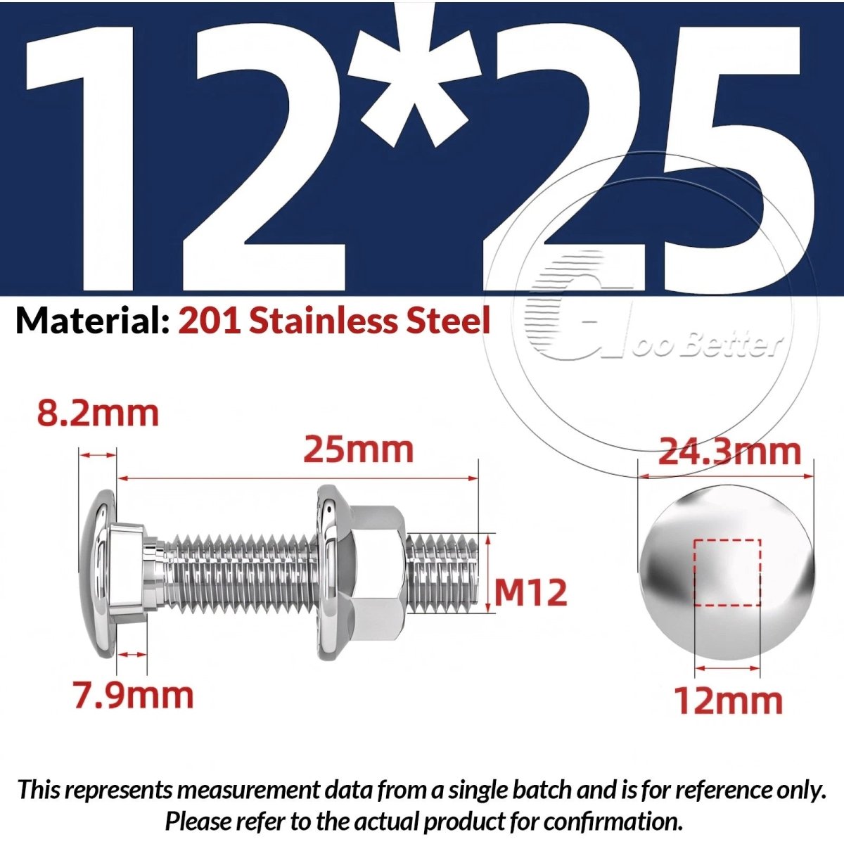 M5–M12 Carriage Bolts with Nuts | Cup Square Domed Head | 201 Stainless Steel - HomeDIYer