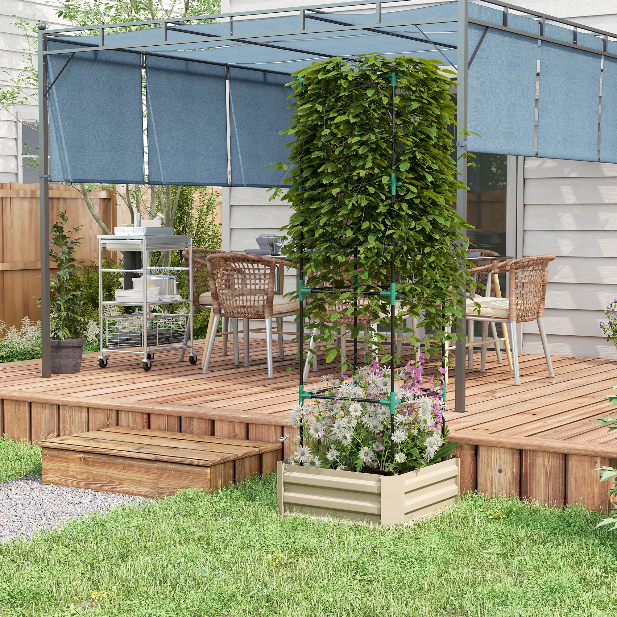 Outsunny Galvanized Raised Garden Bed, 24" x 24" x 11.75" Outdoor Planter Box with Trellis Tomato Cage and Open Bottom for Climbing Vines, Vegetables, Flowers in Backyard, Garden, Patio, Cream