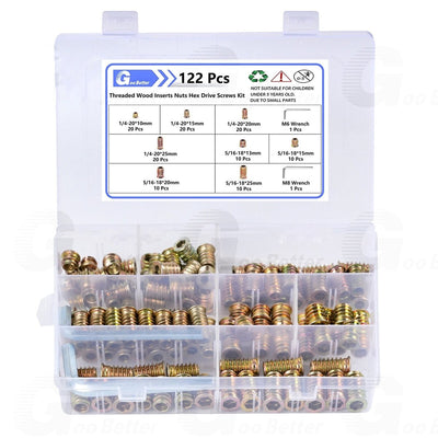122PCS 1/4'' 5/16'' Furniture Threaded Inserts Nuts Screw,Wood Assortment Tool Kit