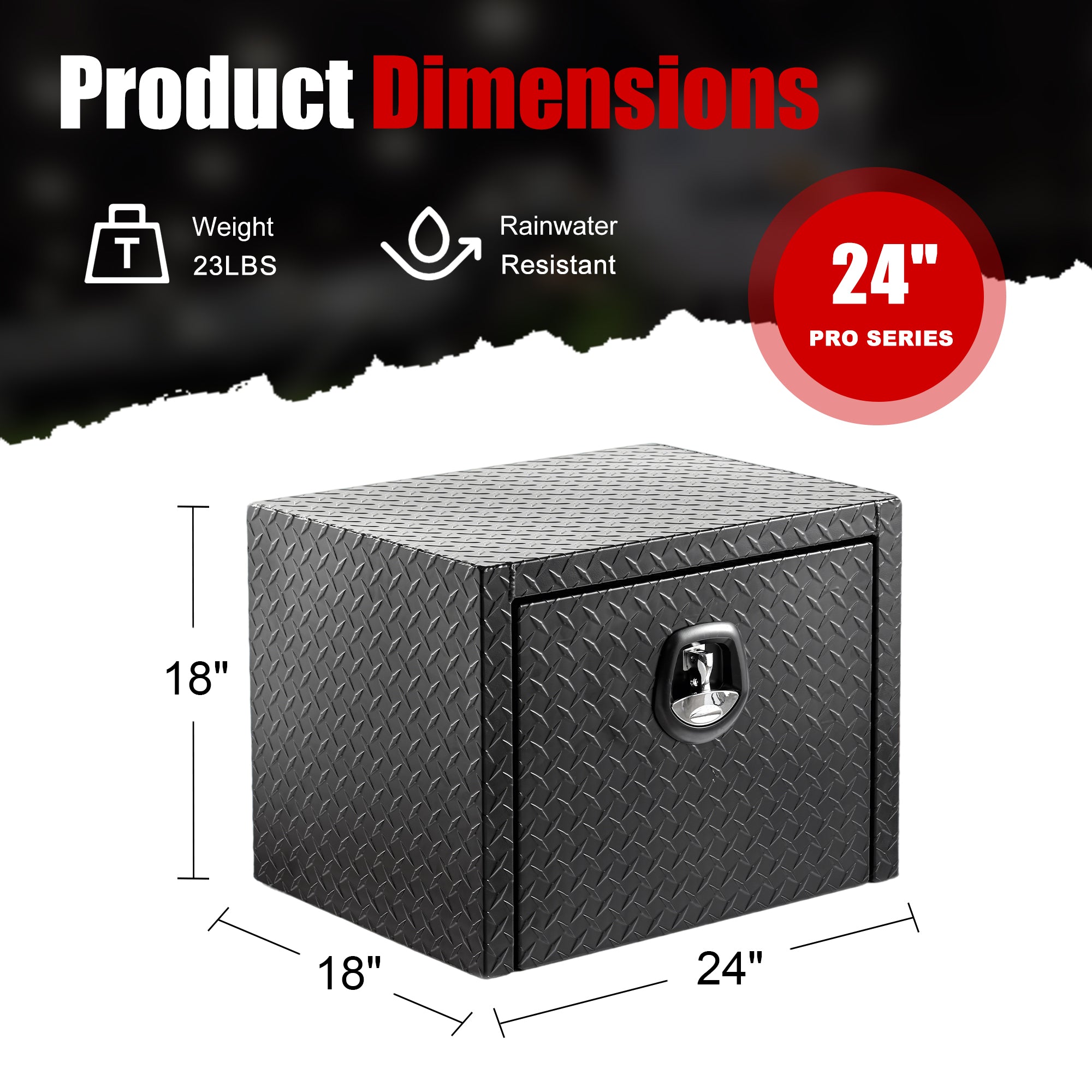 24" Aluminum Underbody Truck Tool Box — Matte Black Diamond Plate, Waterproof & Lockable, Ideal for Pickup, ATV, RV