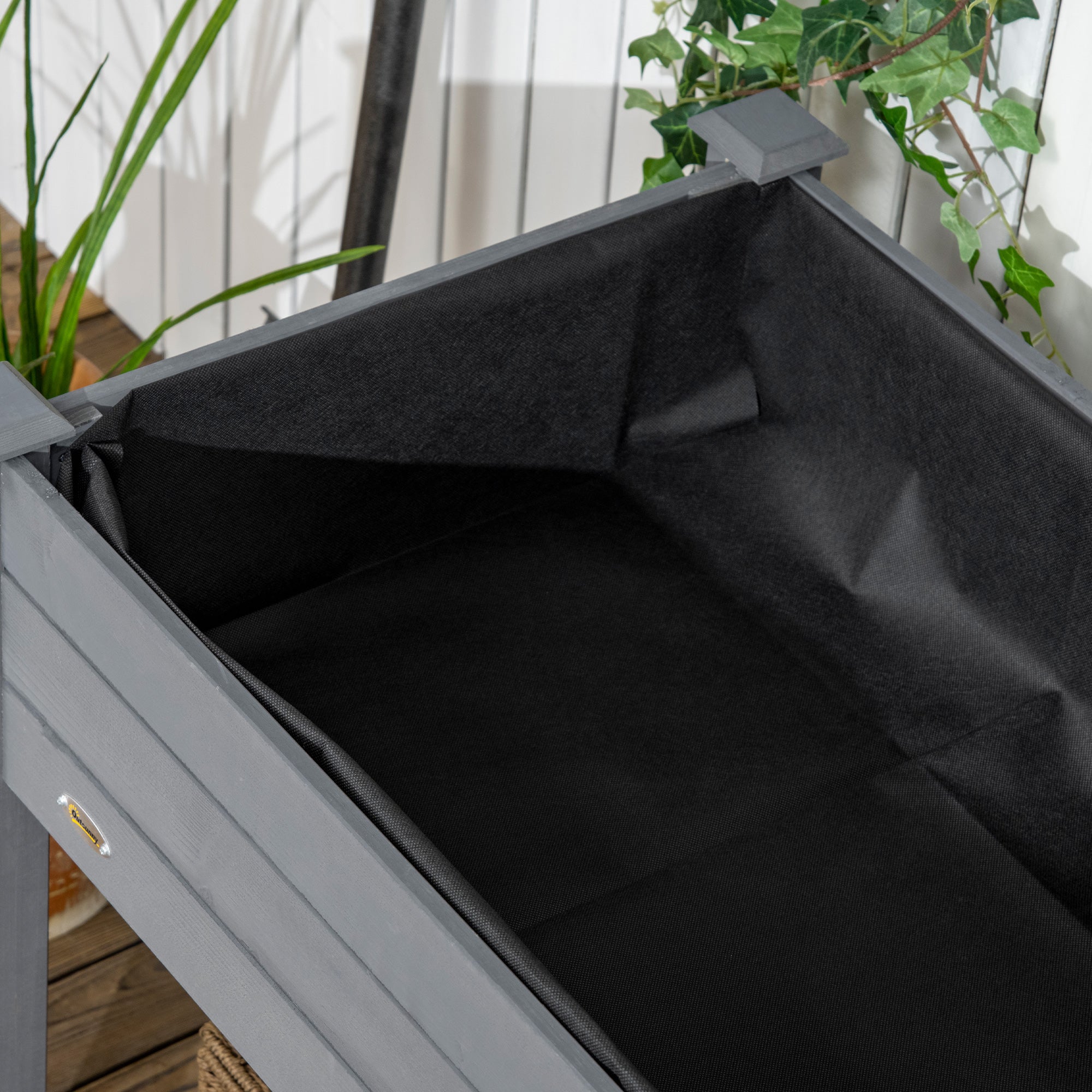 Outsunny Raised Garden Bed, 47" x 22" x 33", Elevated Wooden Planter Box with Lockable Wheels, Storage Shelf, and Bed Liner for Backyard, Patio, Dark Gray