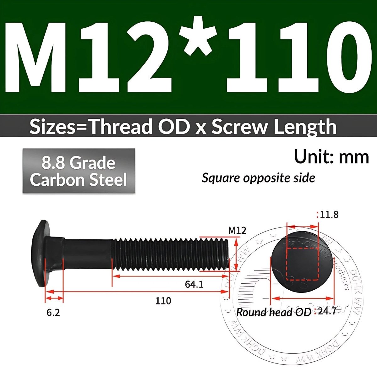 Black 8.8 Grade Steel Carriage Bolts | Cup Square Dome Head | M6–M24 - HomeDIYer